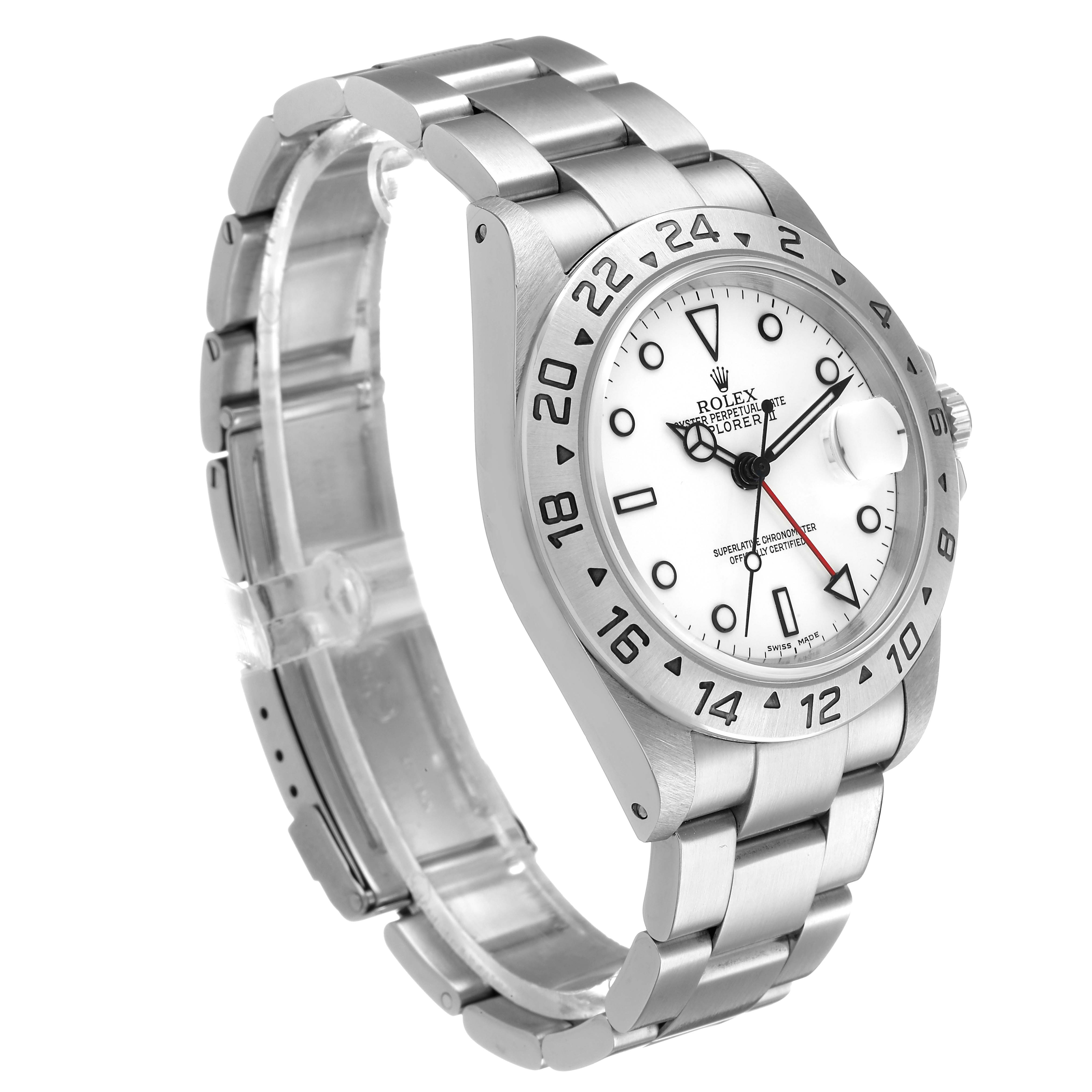 The Rolex Explorer 16570 Men's Stainless Steel White Dial watch is shown at a slight angle, featuring the bezel, dial, bracelet, and crown.