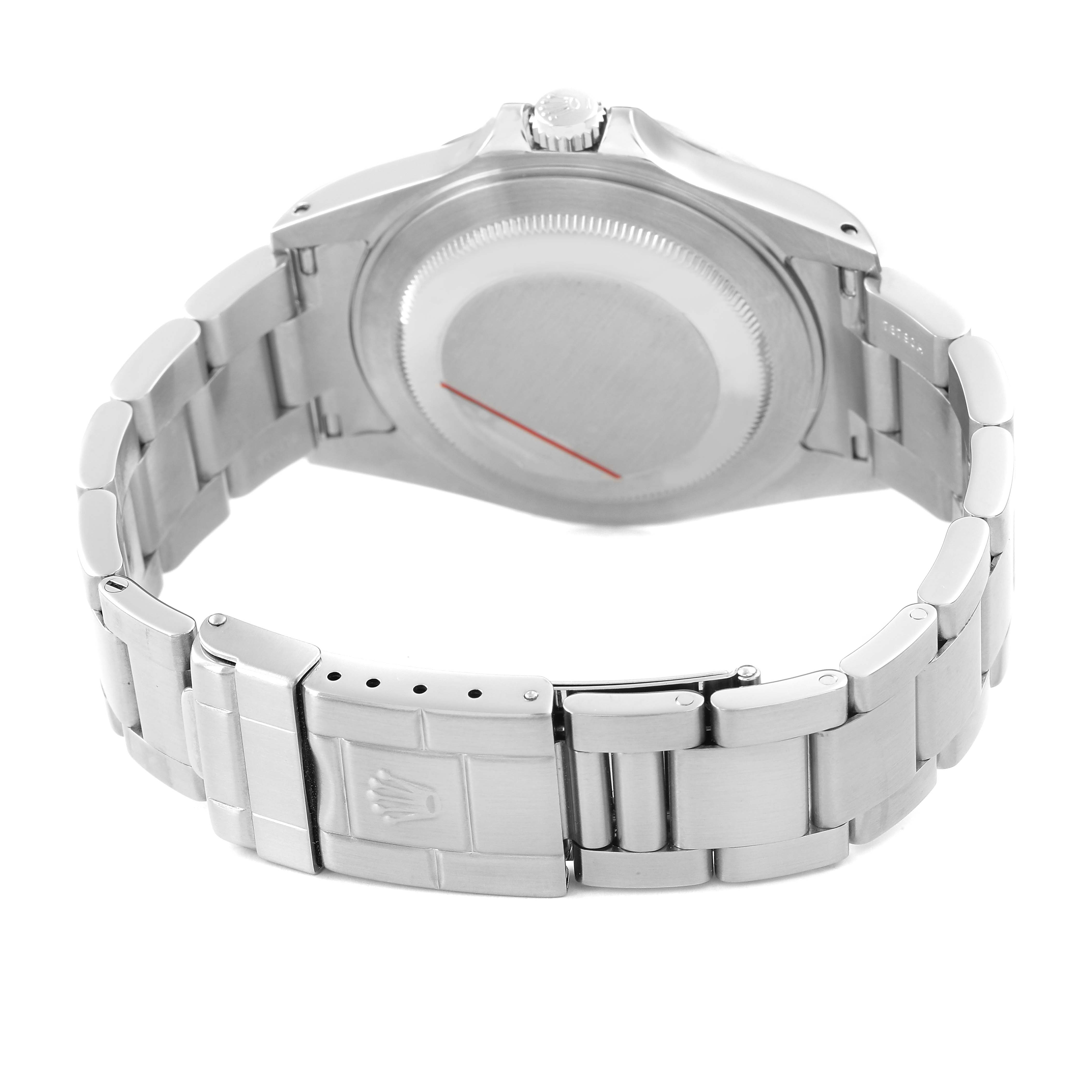 The image shows the back of the Rolex Explorer 16570 Men's Stainless Steel White Dial, highlighting the case back, crown, and bracelet clasp.