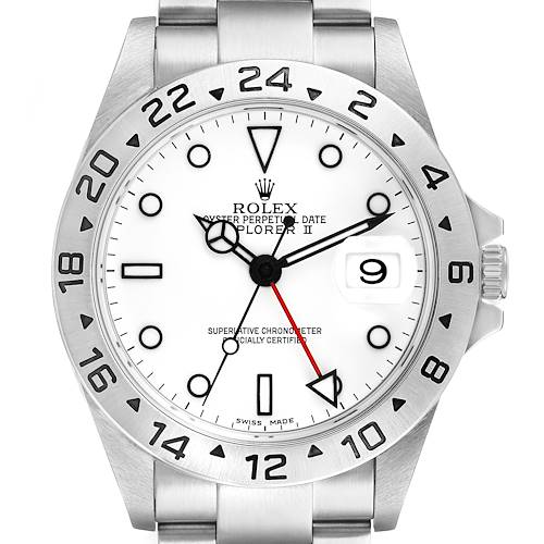 The Rolex Explorer 16570 Men's Stainless Steel White Dial II model is shown from the front, highlighting the bezel, dial, hands, bracelet, and date window.