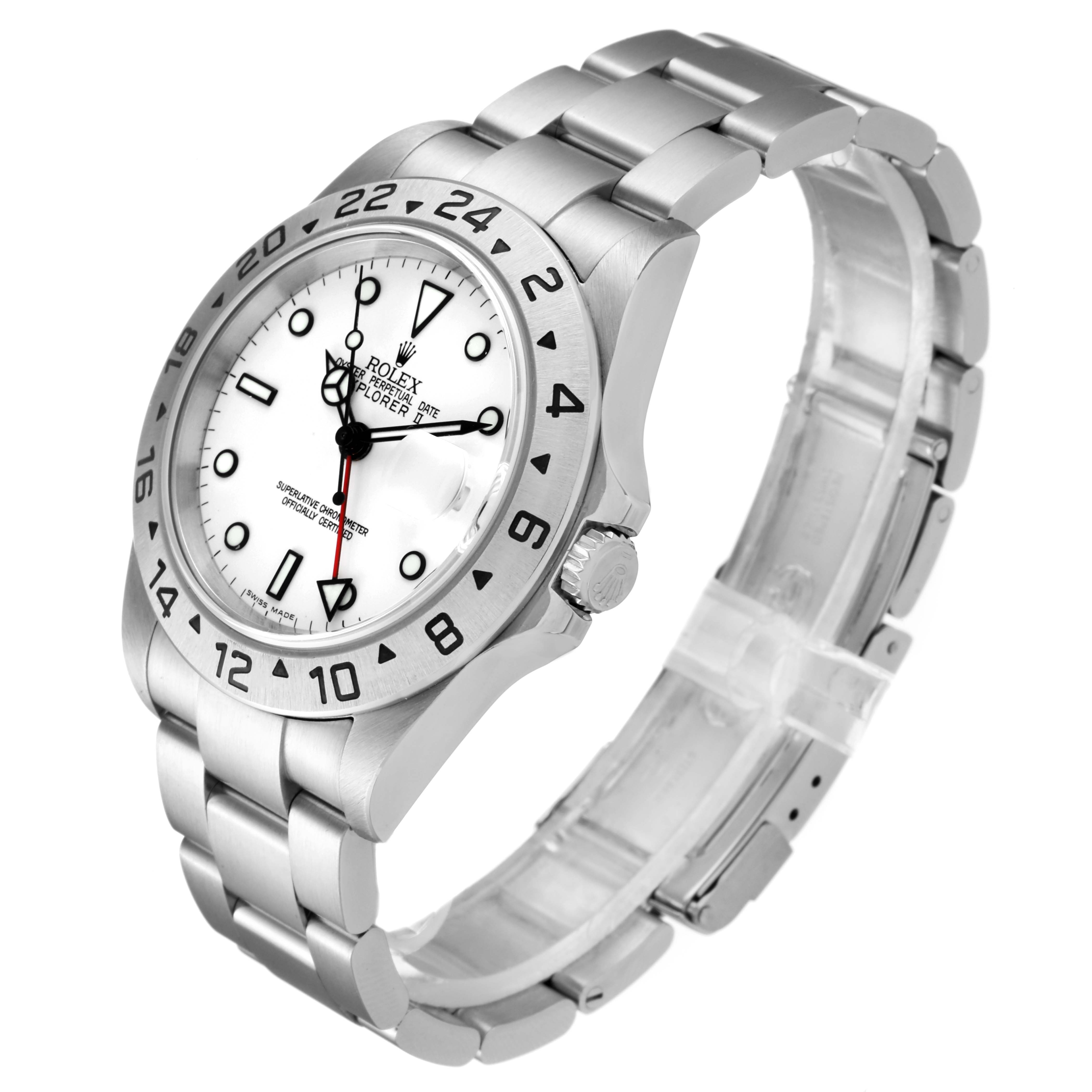 The Rolex Explorer 16570 Men's Stainless Steel White Dial 16570 Men's Stainless Steel White Dial watch is shown at a three-quarter angle, displaying the face, bezel, crown, and bracelet.