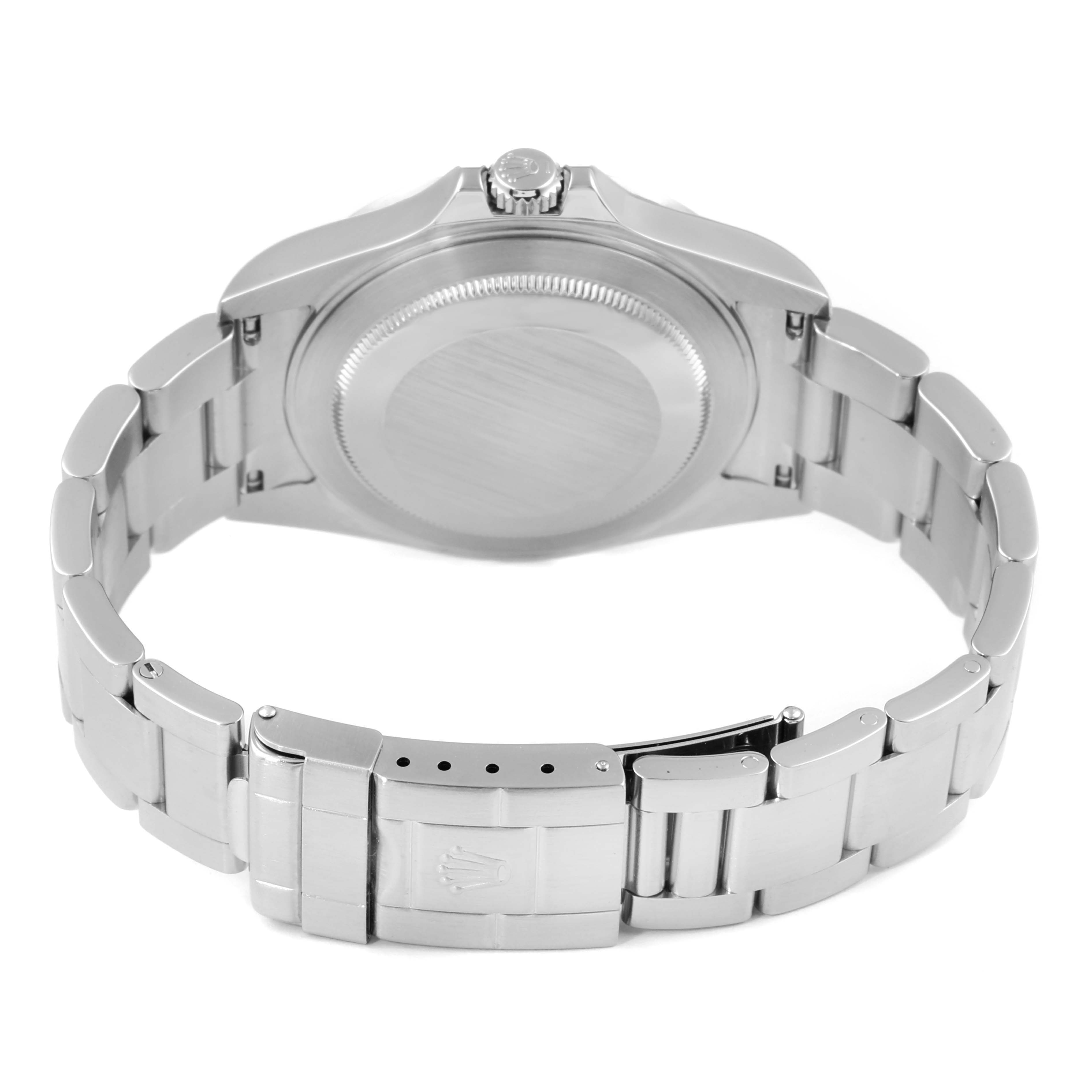 The image shows the back side of the Rolex Explorer 16570 Men's Stainless Steel White Dial 16570 Men's Stainless Steel White Dial watch, highlighting the case back, crown, and bracelet clasp.