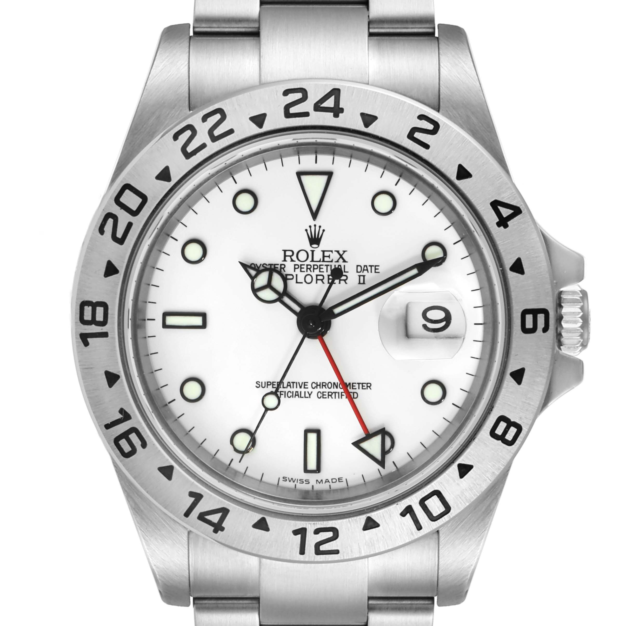 This Rolex Explorer 16570 Men's Stainless Steel White Dial 16570 Men's Stainless Steel White Dial watch is shown from the front, highlighting the bezel, dial, hands, date window, and bracelet.