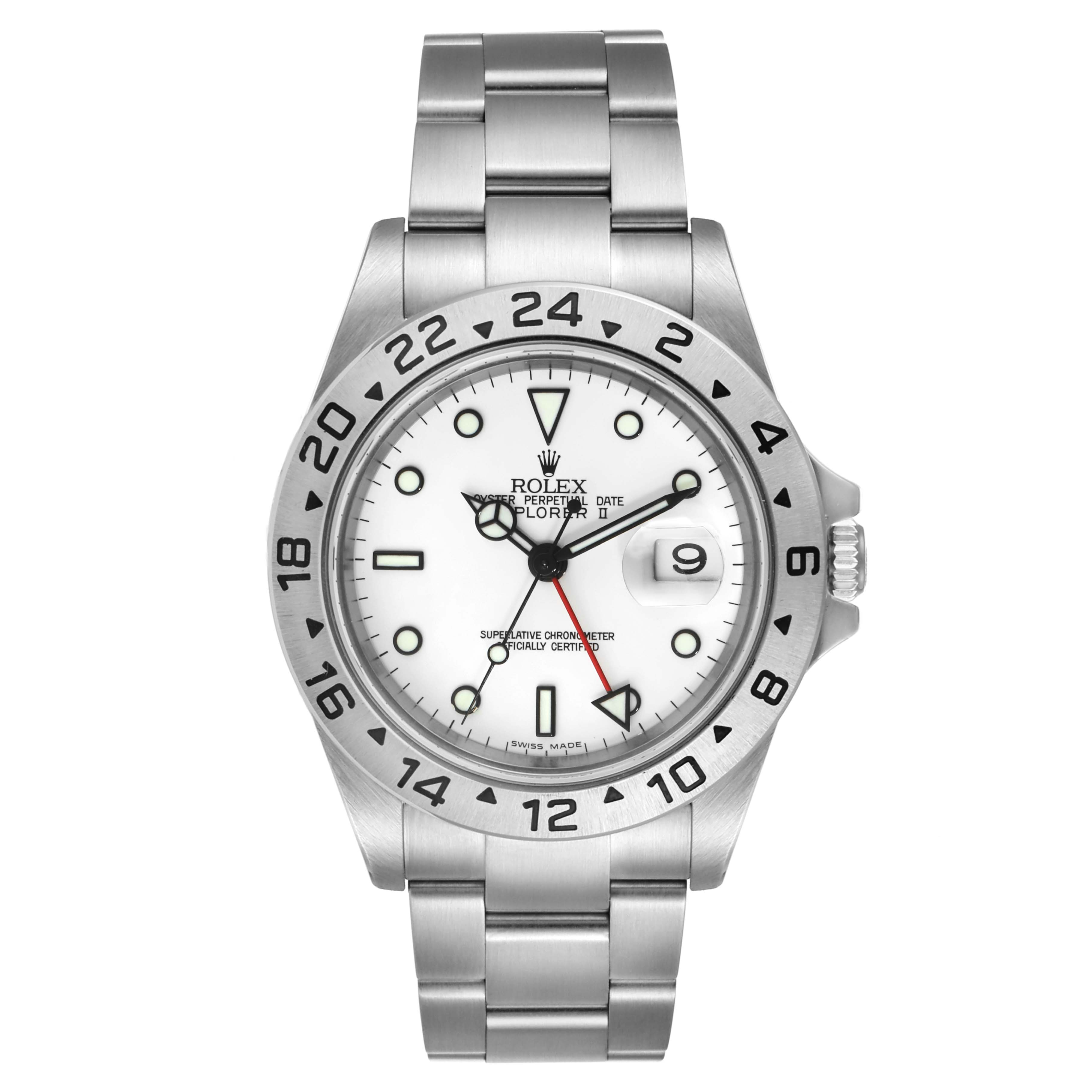 The image shows the front view of a Rolex Explorer 16570 Men's Stainless Steel White Dial 16570 Men's Stainless Steel White Dial watch, displaying its white dial, stainless steel bracelet, and bezel with 24-hour markings.