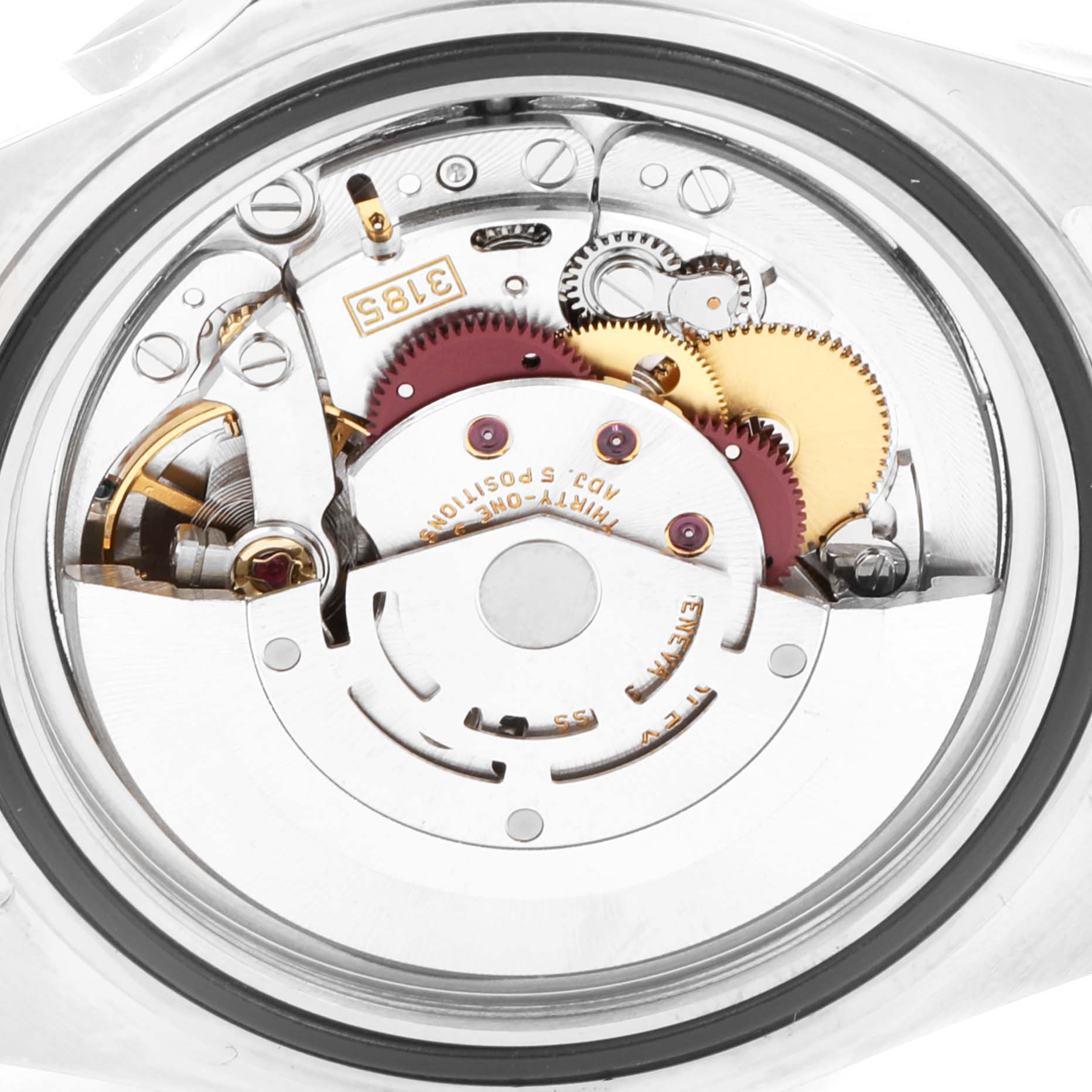 The image shows a close-up view of the movement mechanism inside a Rolex Explorer 16570 Men's Stainless Steel White Dial 16570 Men's Stainless Steel White Dial watch.