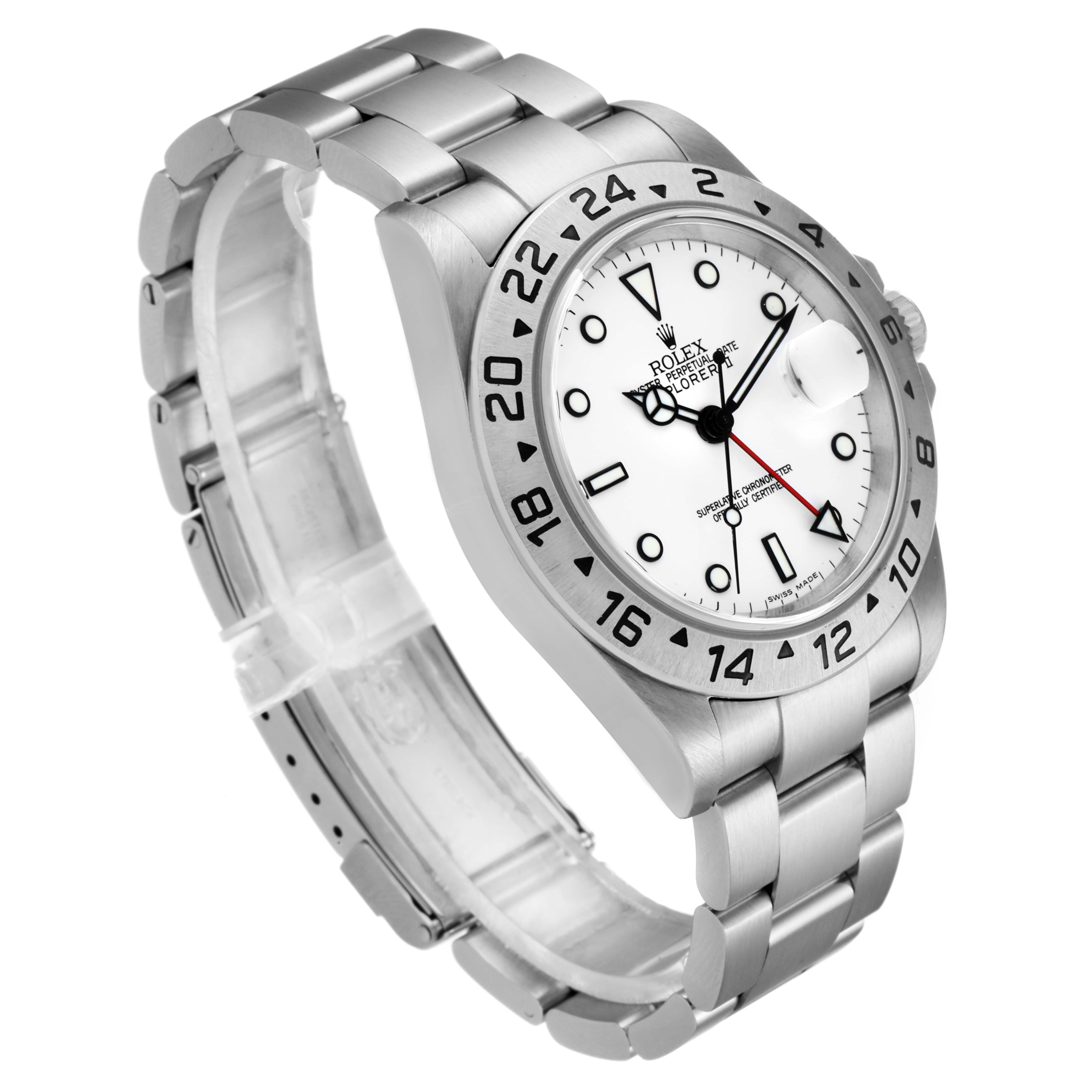 The Rolex Explorer 16570 Men's Stainless Steel White Dial 16570 Men's Stainless Steel White Dial watch is shown at a three-quarter angle, displaying its dial, bezel, crown, and bracelet.
