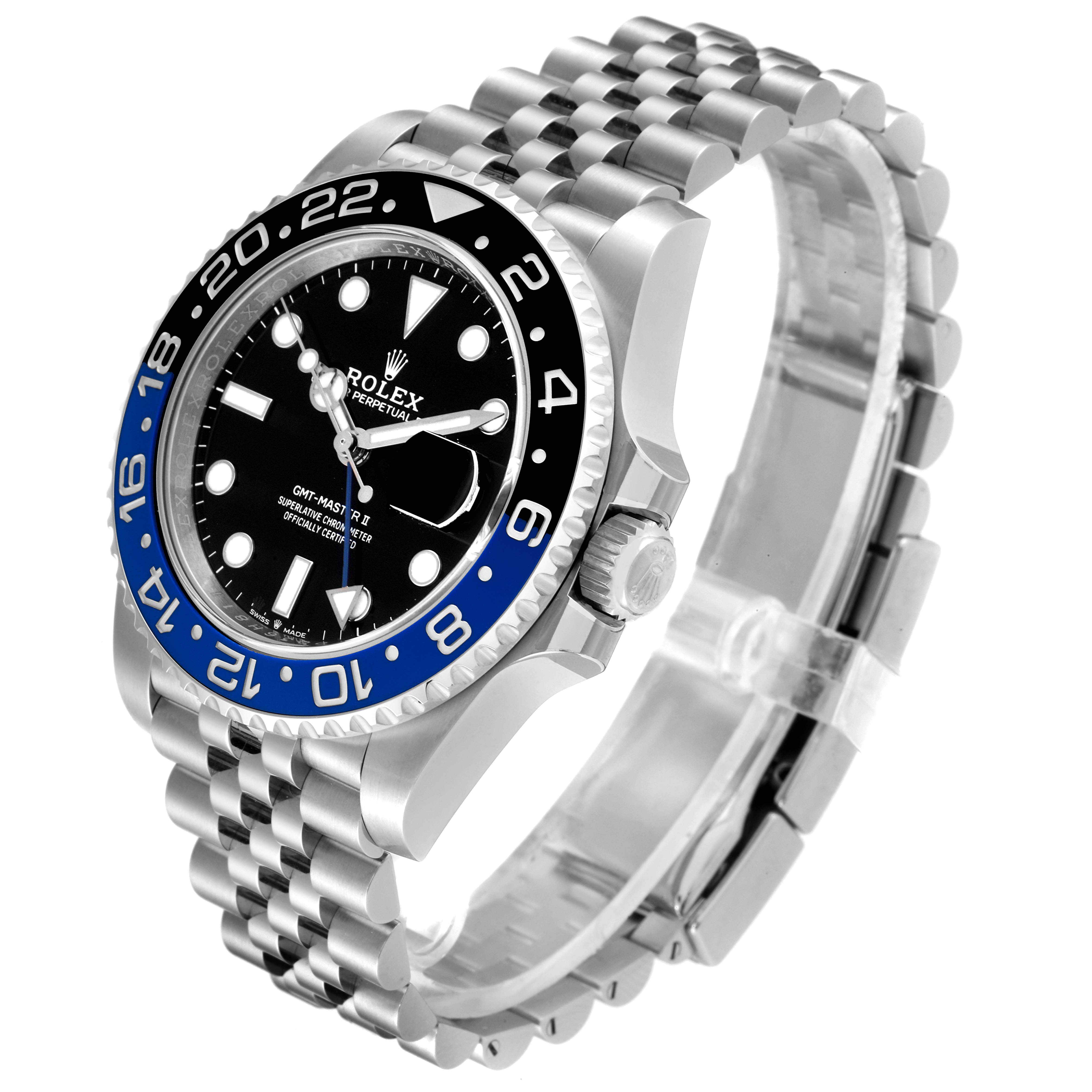 The image shows the front and side angle of a Rolex GMT-Master 126710BLNR Men
s Stainless Steel Black Dial 126710BLNR Men
s Stainless Steel Black Dial watch, highlighting its bezel, dial, and bracelet.