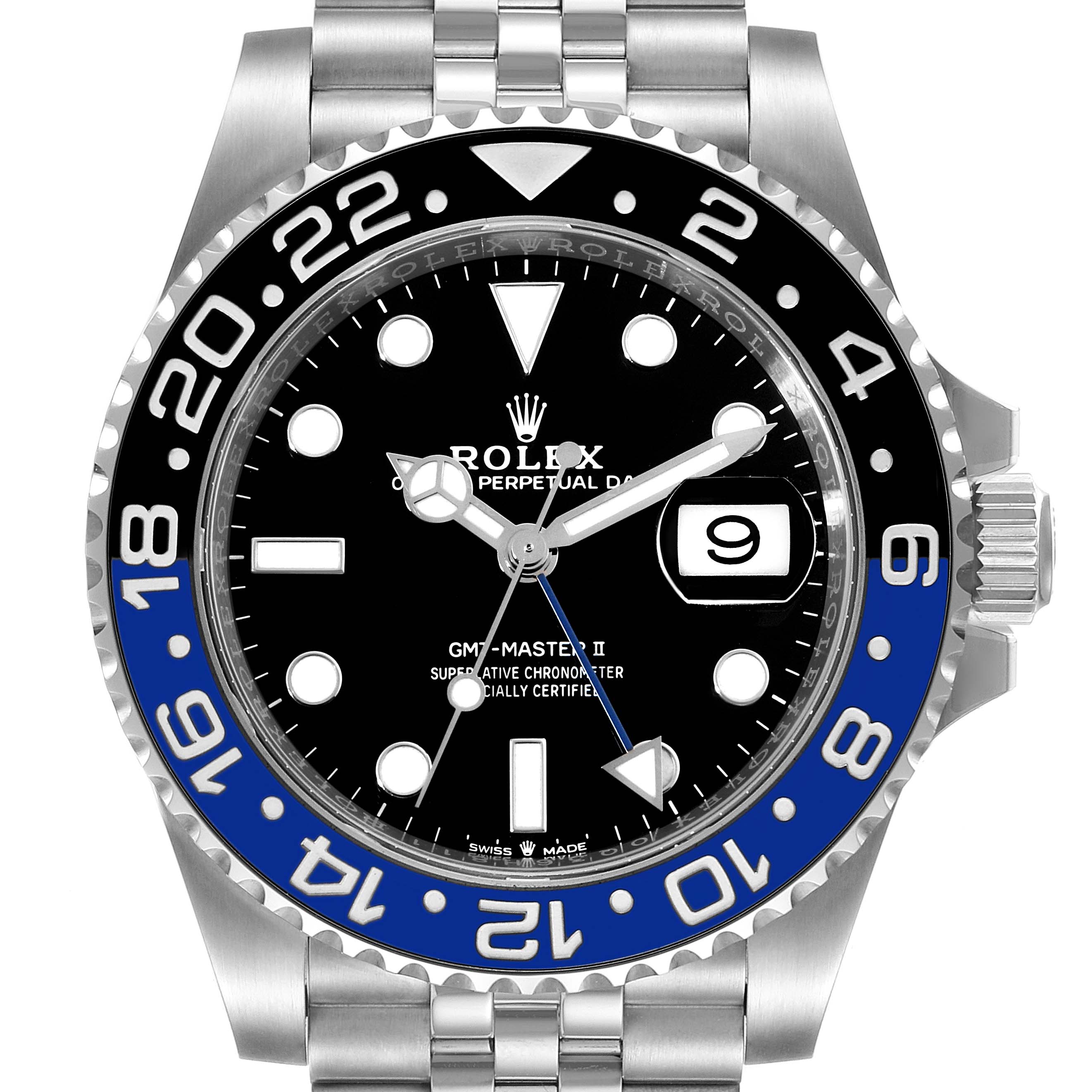 This image shows a front angle of a Rolex GMT-Master 126710BLNR Men
s Stainless Steel Black Dial 126710BLNR Men
s Stainless Steel Black Dial II watch, featuring a black and blue bezel and stainless steel bracelet.