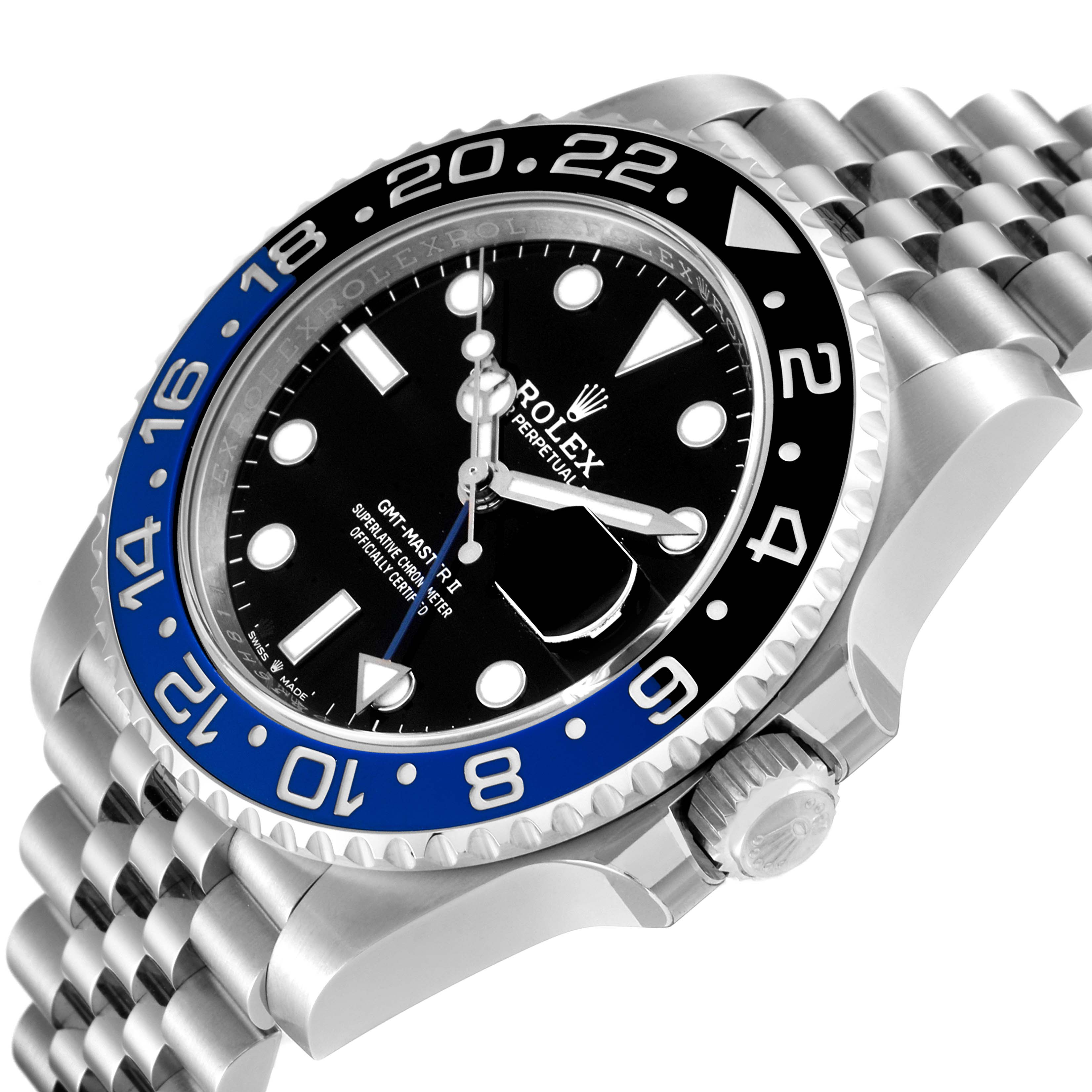 The image shows an angled view of the Rolex GMT-Master 126710BLNR Men
s Stainless Steel Black Dial 126710BLNR Men
s Stainless Steel Black Dial watch, displaying the face, bezel, crown, and part of the bracelet.