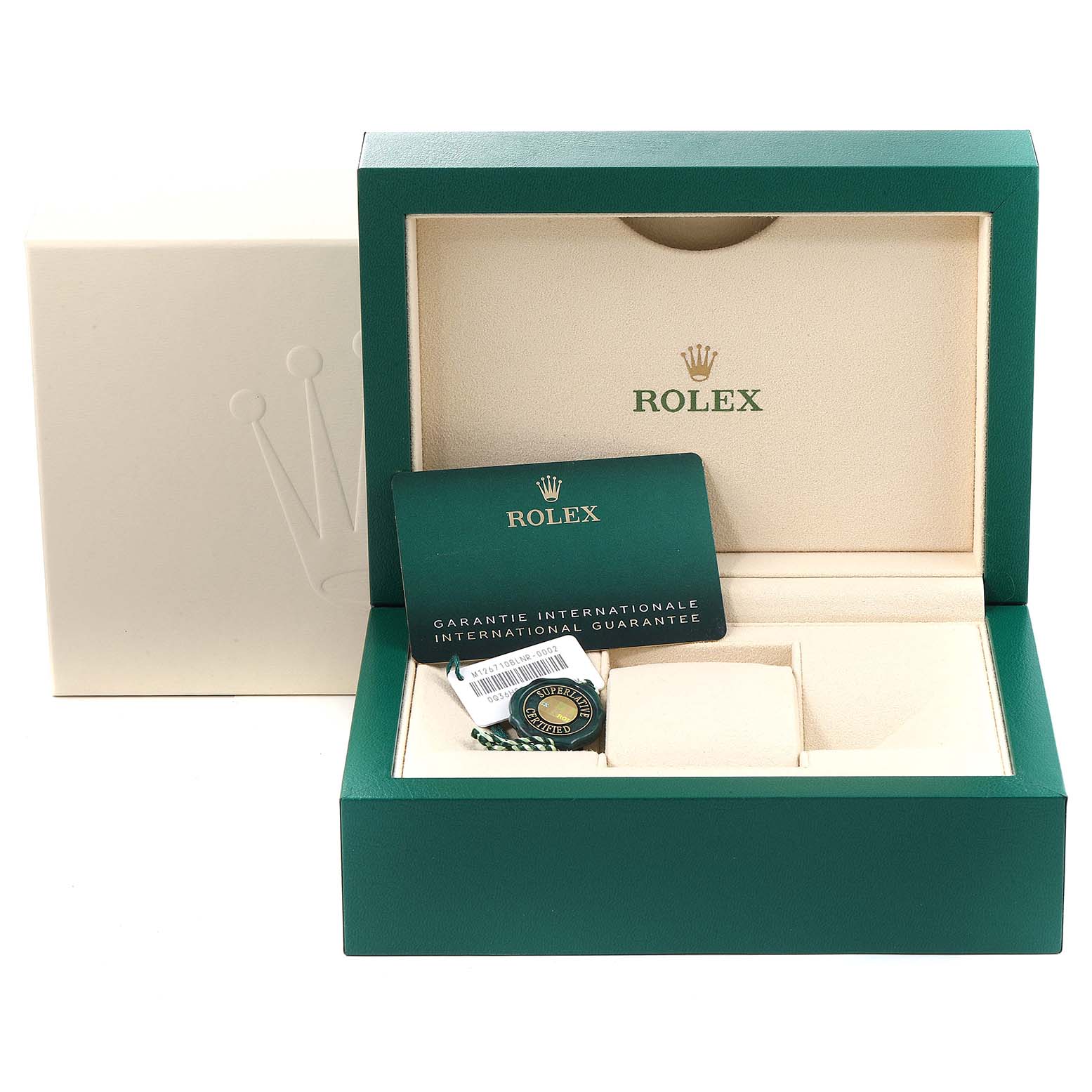 The image shows a Rolex GMT-Master 126710BLNR Men
s Stainless Steel Black Dial 126710BLNR Men
s Stainless Steel Black Dial watch box, warranty card, and tag, taken from a frontal angle.