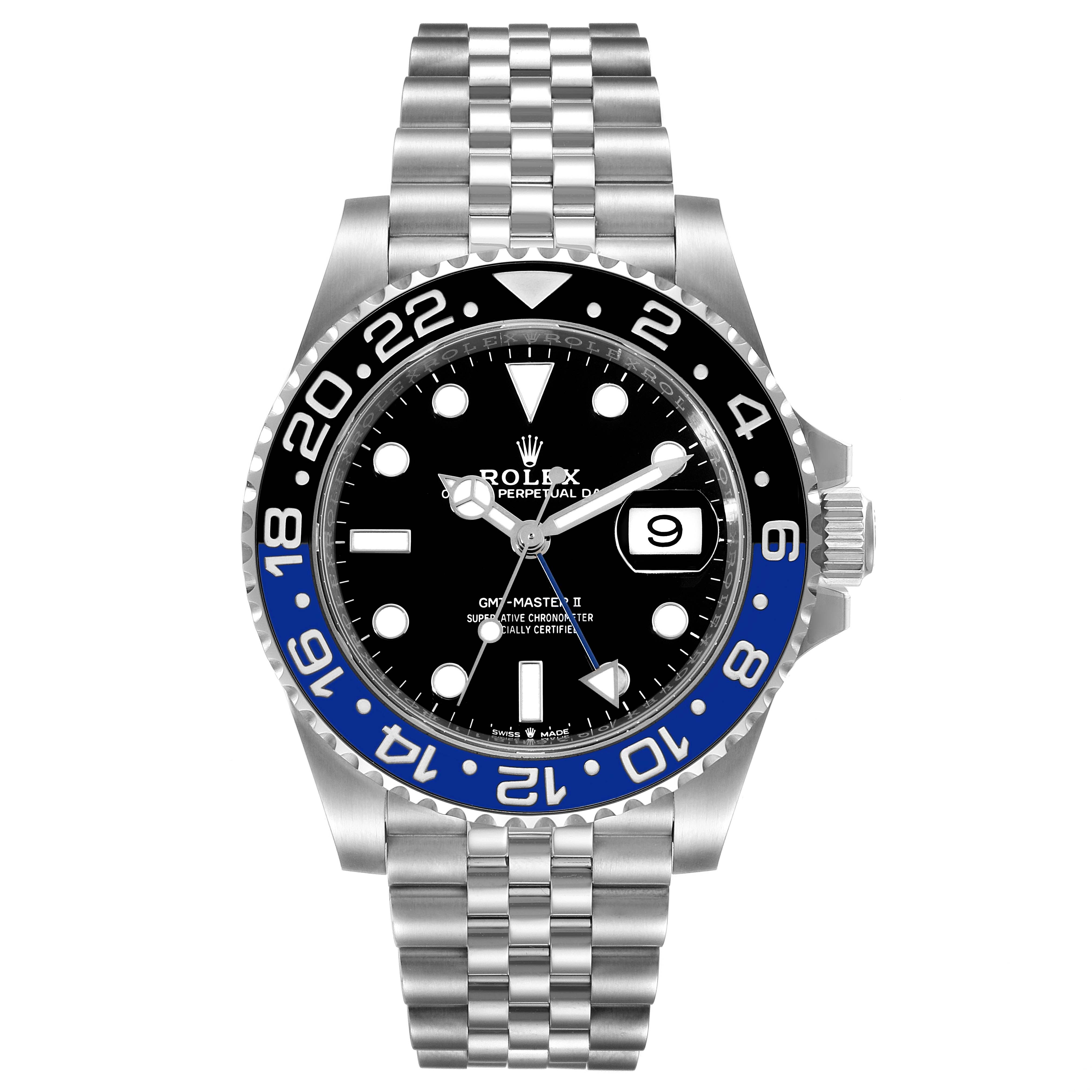 The image shows a front view of the Rolex GMT-Master 126710BLNR Men
s Stainless Steel Black Dial 126710BLNR Men
s Stainless Steel Black Dial watch, displaying its dial, bezel, and bracelet.
