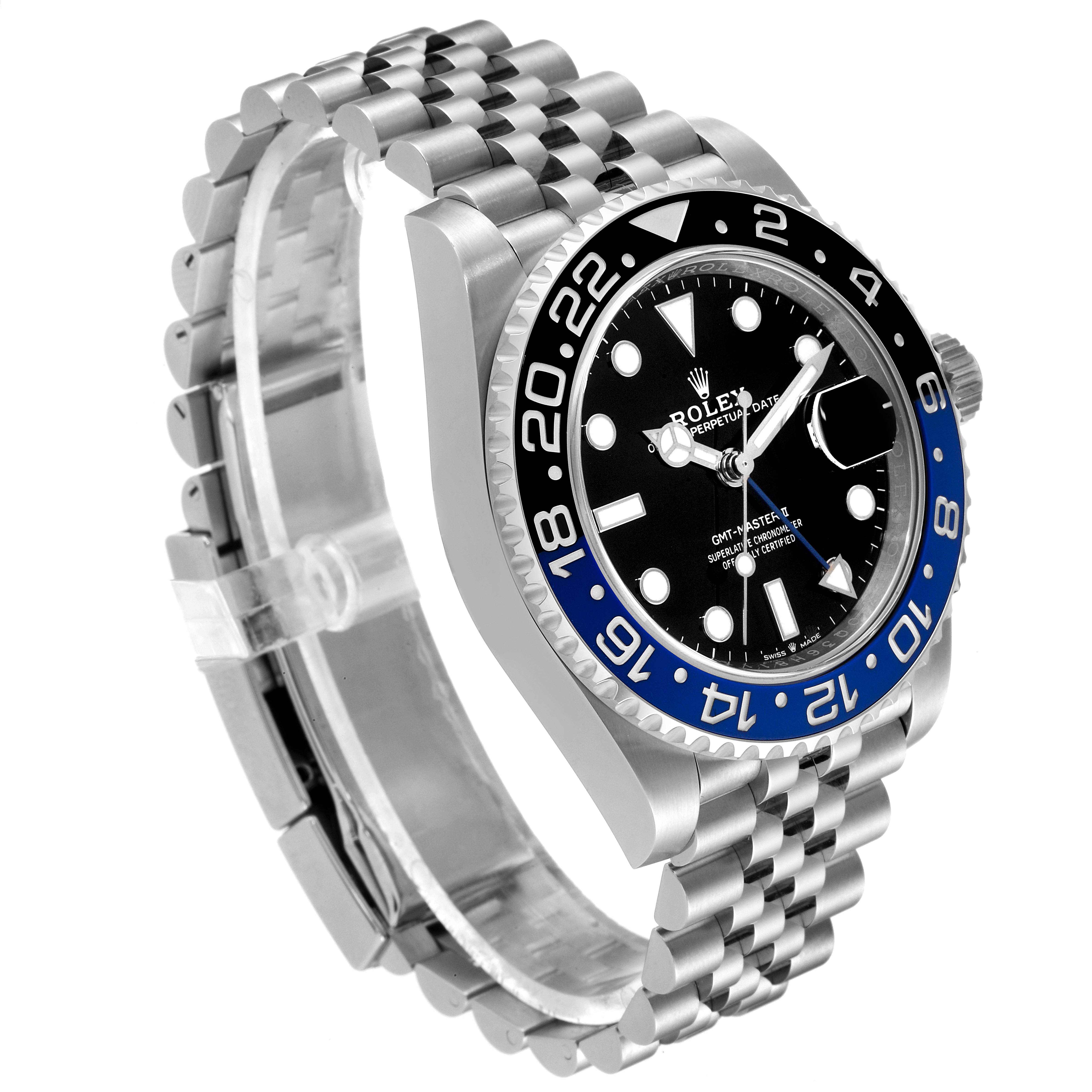 The Rolex GMT-Master 126710BLNR Men
s Stainless Steel Black Dial 126710BLNR Men
s Stainless Steel Black Dial watch is shown at a three-quarter angle, highlighting the bezel, face, and part of the bracelet.
