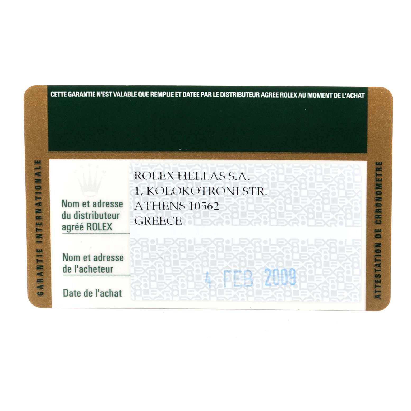 This image shows the warranty certificate for a Rolex GMT-Master 116710 Men
s Stainless Steel Black Dial 116710 Men
s Stainless Steel Black Dial watch, including the purchase date and dealer information.