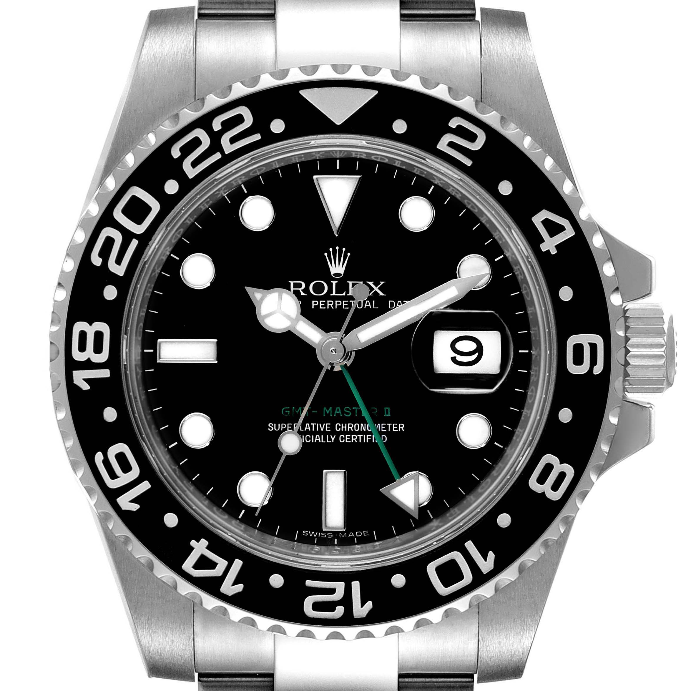 This image shows a front view of a Rolex GMT-Master 116710 Men
s Stainless Steel Black Dial 116710 Men
s Stainless Steel Black Dial model, highlighting the dial, bezel, hands, crown, date window, and part of the stainless steel bracelet.