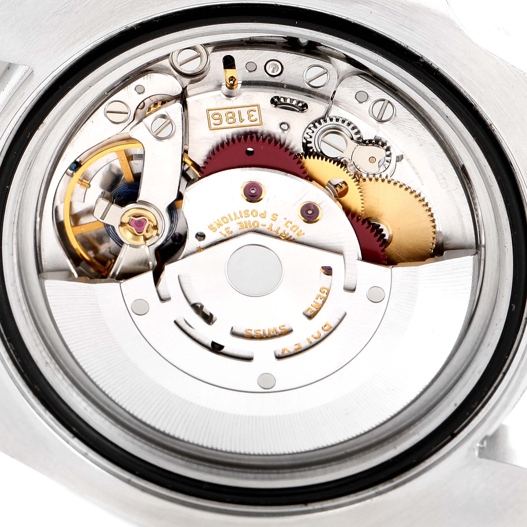 This image shows the movement mechanism of a Rolex GMT-Master 116710 Men
s Stainless Steel Black Dial 116710 Men
s Stainless Steel Black Dial watch, viewed from the back case.