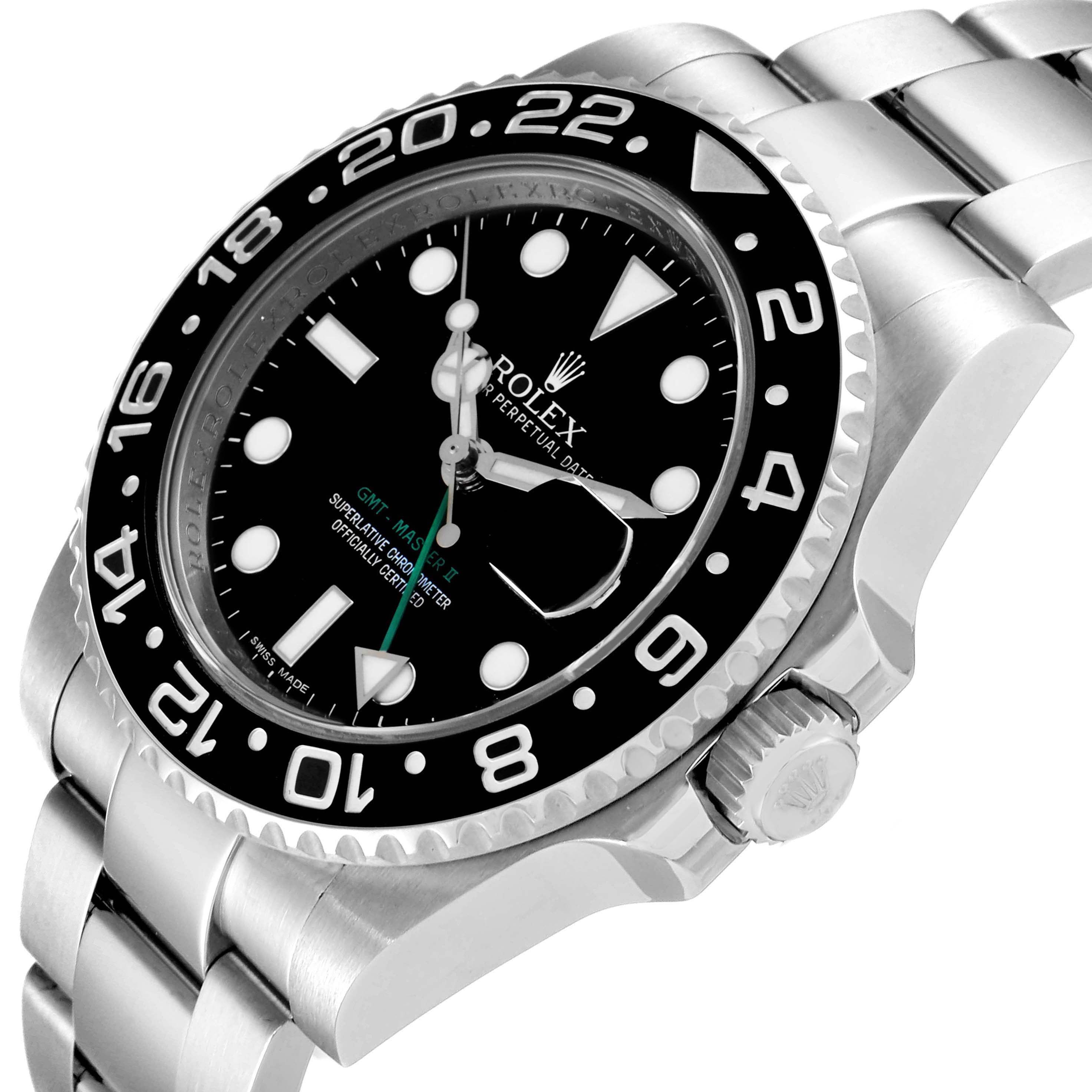 The image shows a side angle of the Rolex GMT-Master 116710 Men
s Stainless Steel Black Dial 116710 Men
s Stainless Steel Black Dial II, highlighting the bezel, dial, and part of the bracelet.