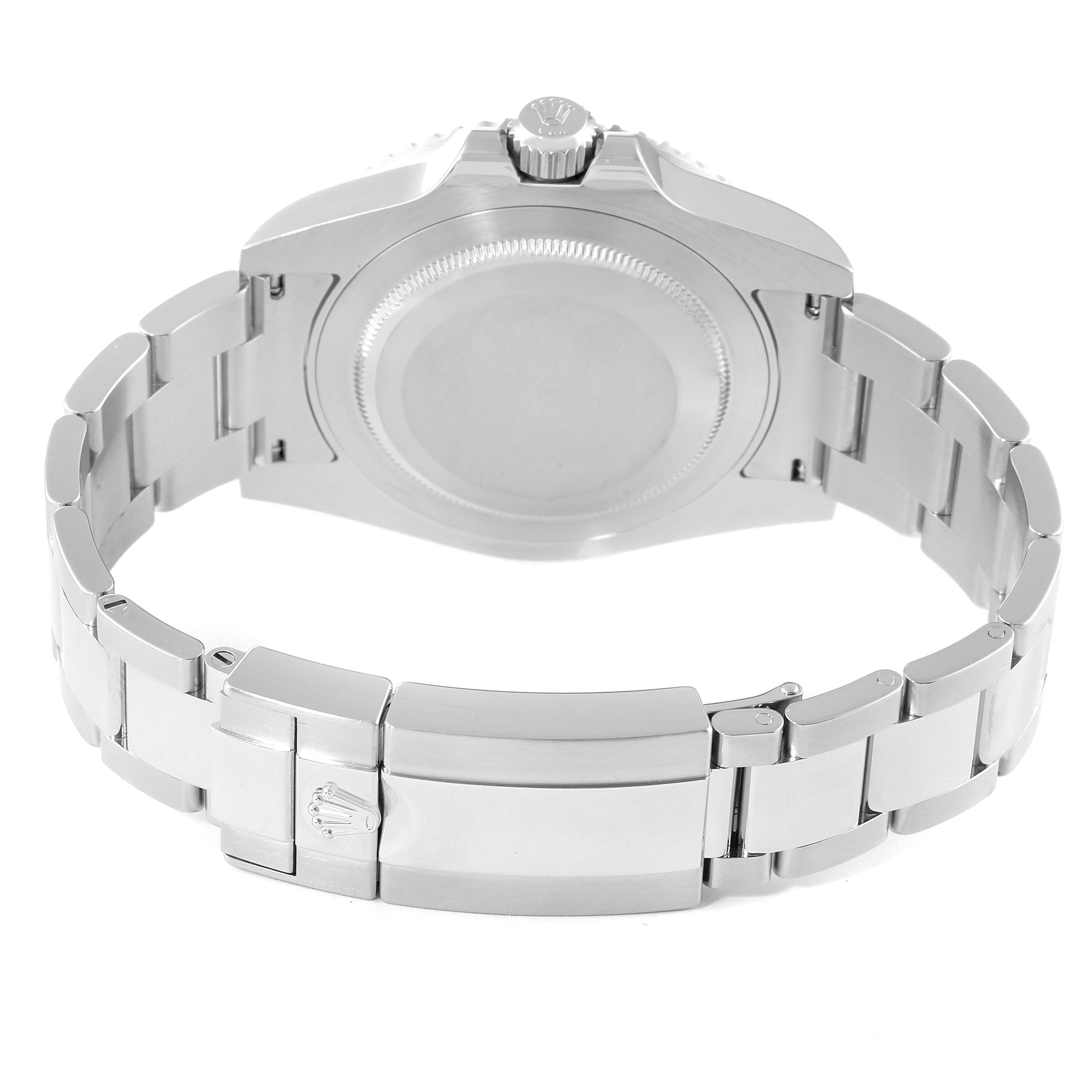 The image shows the back view of the Rolex GMT-Master 116710 Men
s Stainless Steel Black Dial 116710 Men
s Stainless Steel Black Dial watch, highlighting its case back and bracelet clasp.