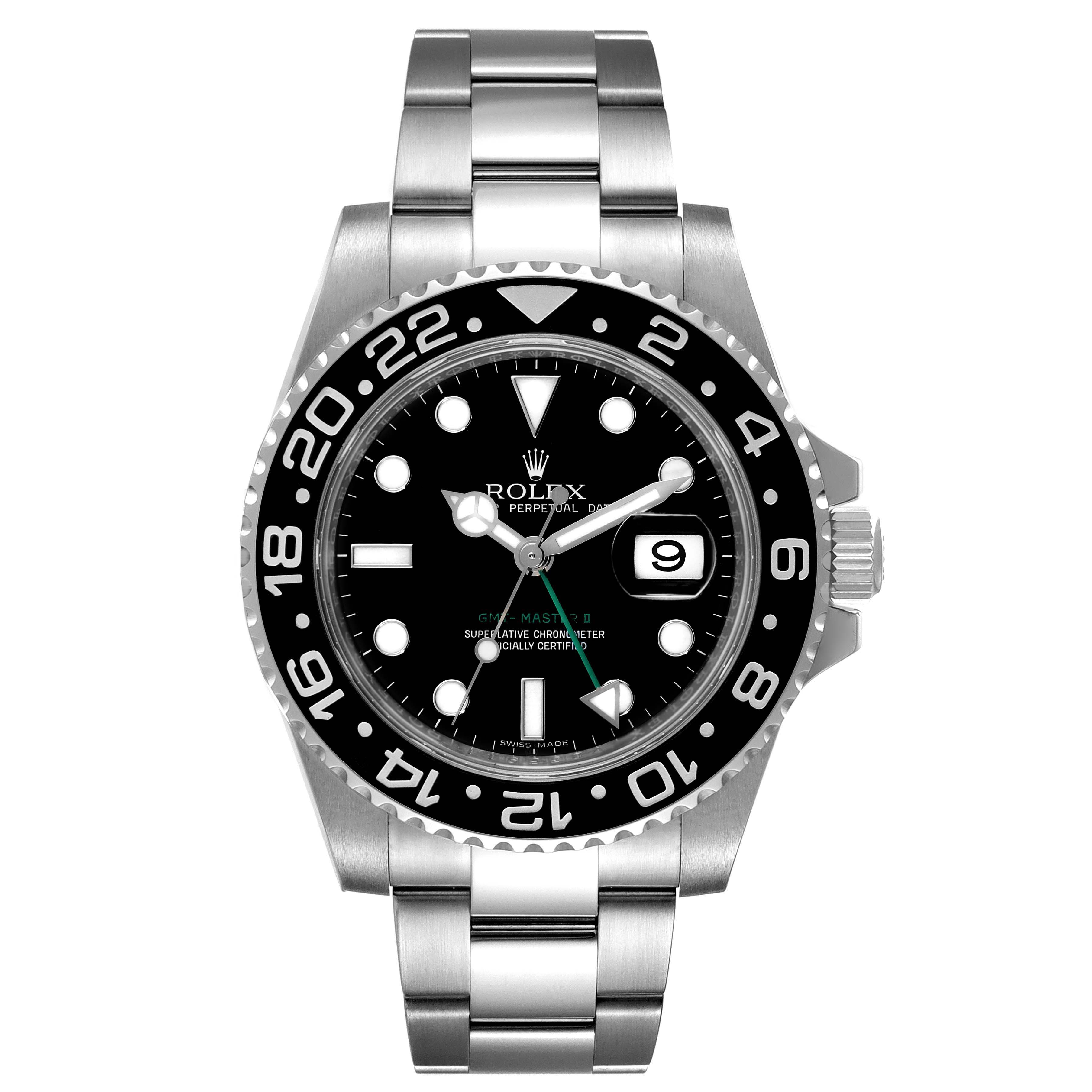 The image shows a frontal view of the Rolex GMT-Master 116710 Men
s Stainless Steel Black Dial 116710 Men
s Stainless Steel Black Dial watch displaying the face, bezel, case, crown, and strap.