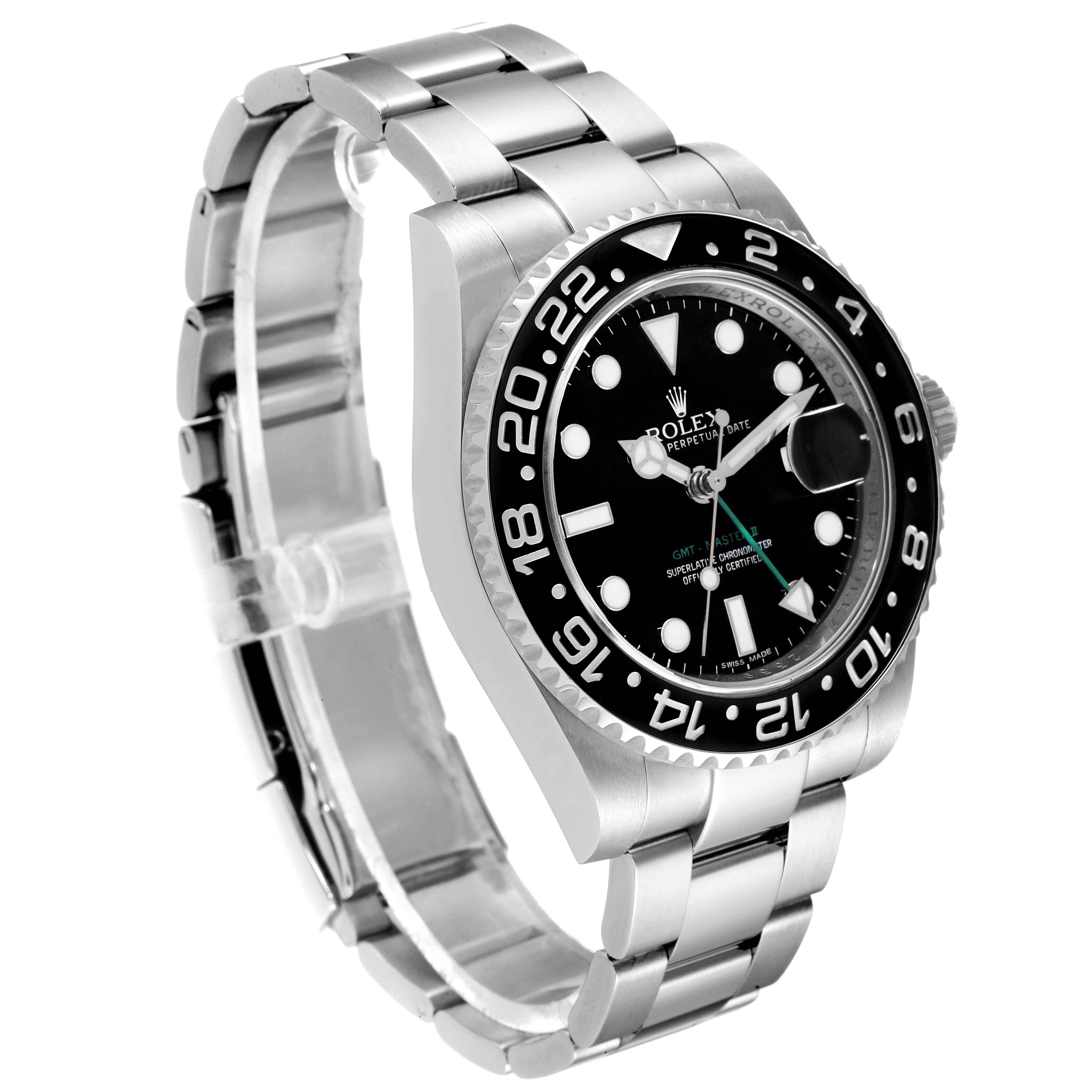 The Rolex GMT-Master 116710 Men
s Stainless Steel Black Dial 116710 Men
s Stainless Steel Black Dial watch is shown at a slightly angled side view, displaying its face, bezel, crown, and bracelet.