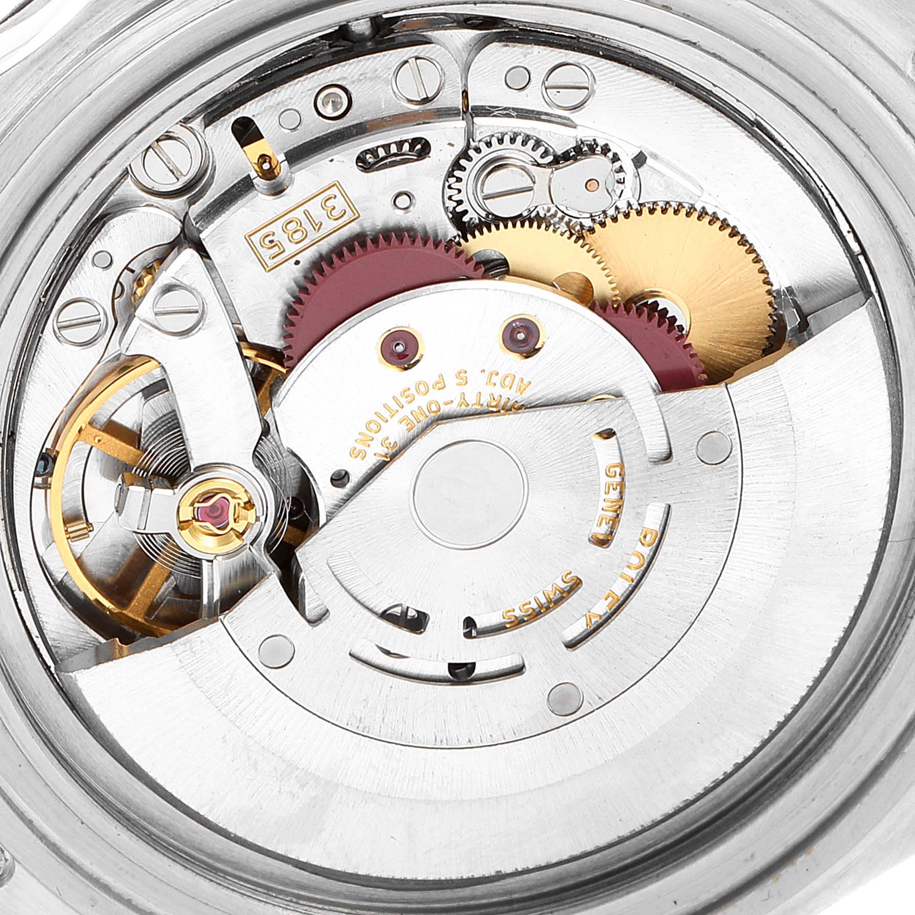 This image shows the intricate internal movement parts of the Rolex GMT-Master 16710 Men
s Stainless Steel Black Dial 16710 Men
s Stainless Steel Black Dial watch, including gears and the mainspring barrel.