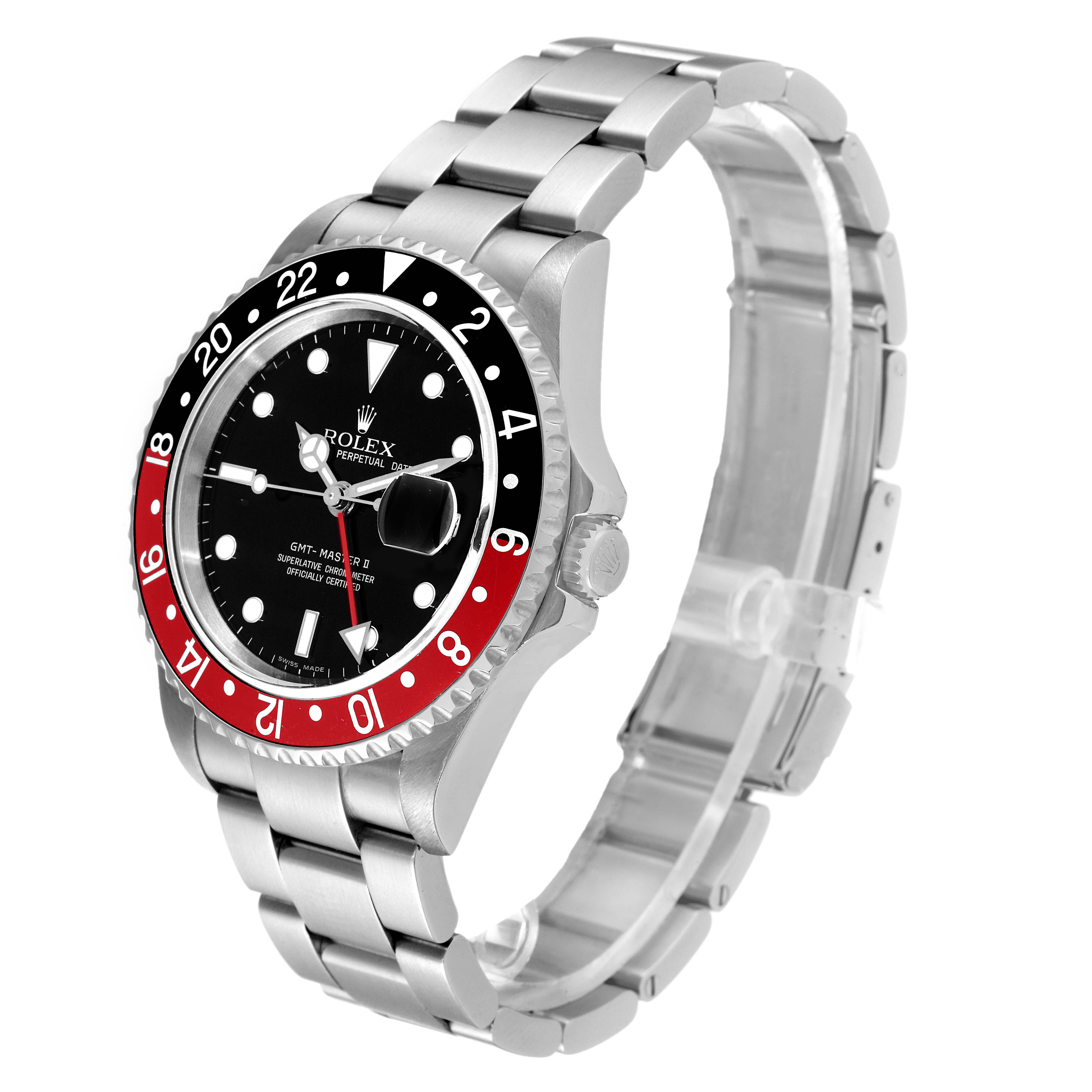 This image shows a side angle of a Rolex GMT-Master 16710 Men
s Stainless Steel Black Dial 16710 Men
s Stainless Steel Black Dial watch, highlighting its dial, bezel, bracelet, and crown.