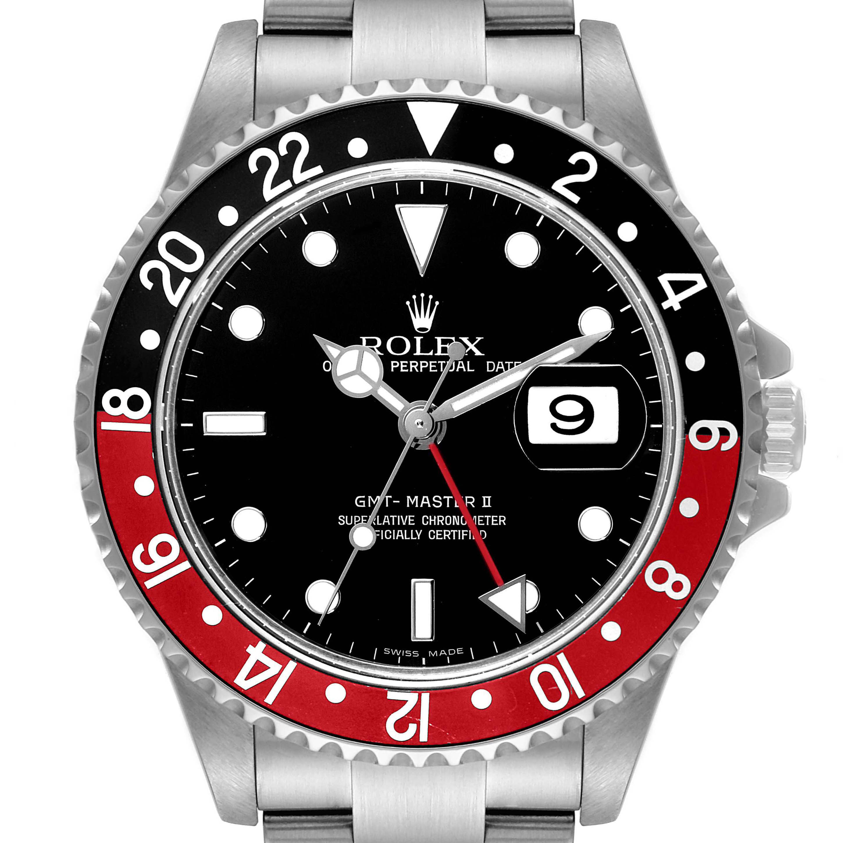 The image shows a front view of a Rolex GMT-Master 16710 Men
s Stainless Steel Black Dial 16710 Men
s Stainless Steel Black Dial II watch, highlighting its dial, bezel, and part of the bracelet.