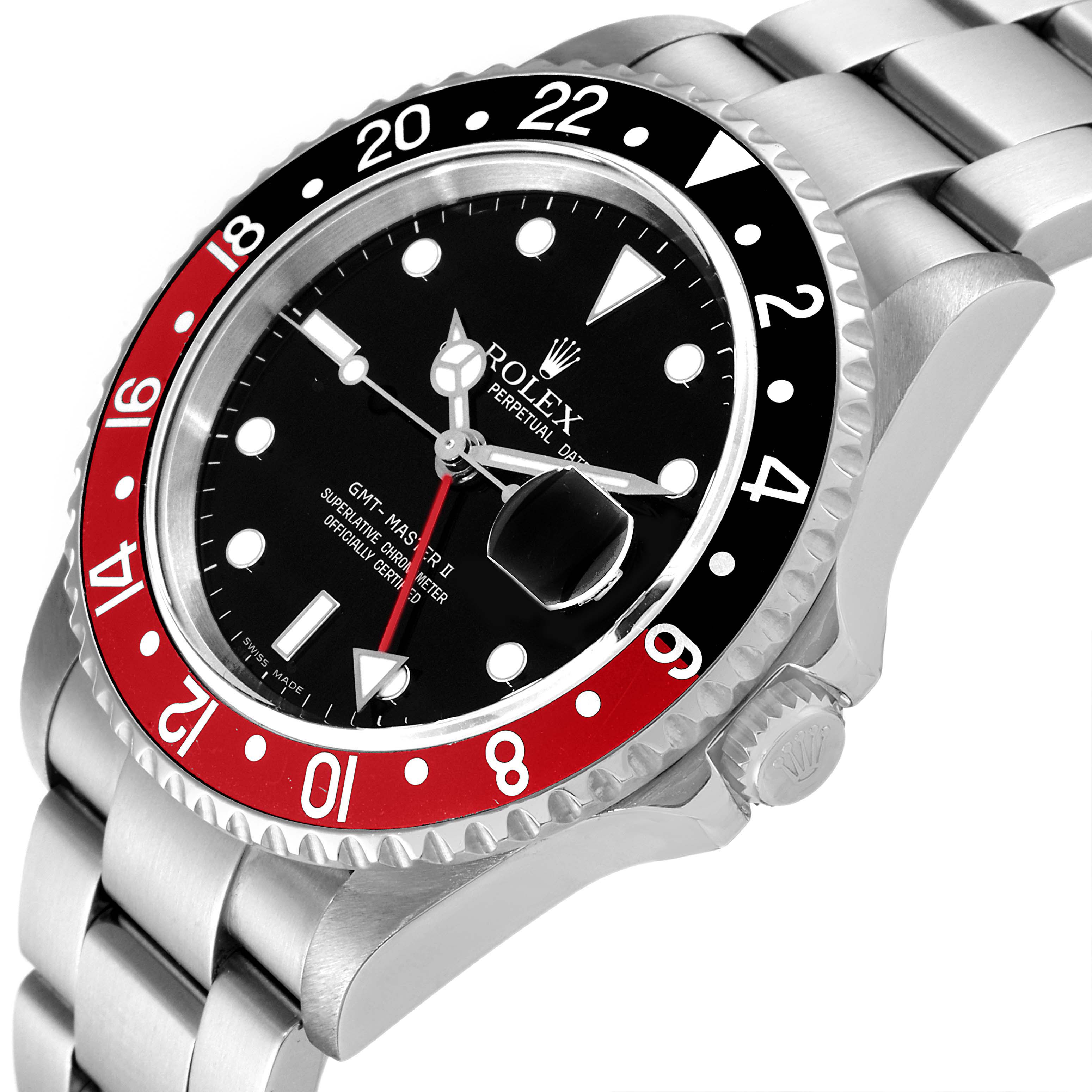 The image shows a tilted view of a Rolex GMT-Master 16710 Men
s Stainless Steel Black Dial 16710 Men
s Stainless Steel Black Dial, highlighting its bezel, dial, crown, and part of the bracelet.