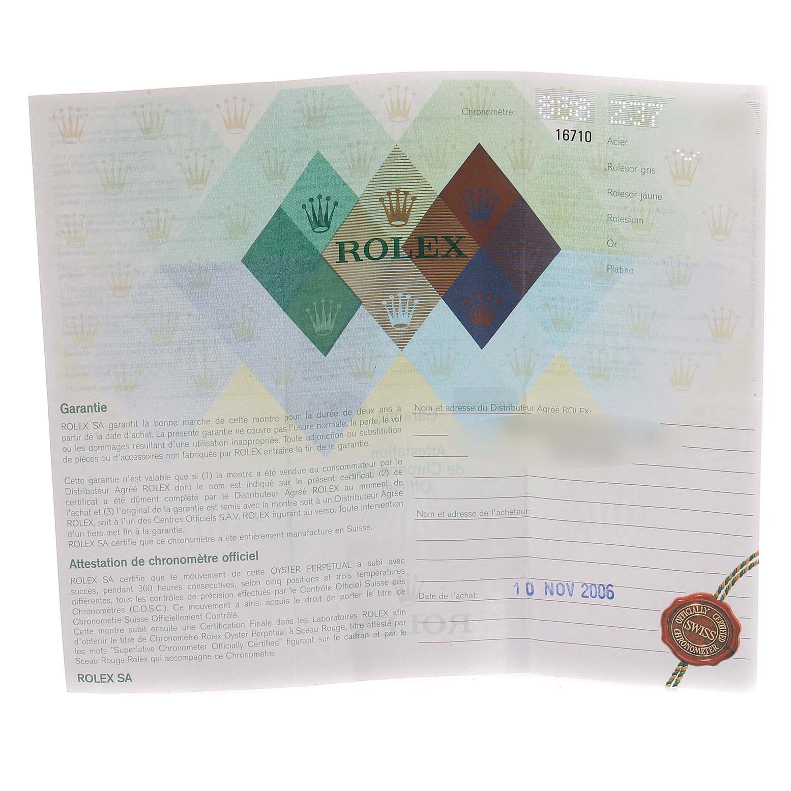 The image shows a warranty card for the Rolex GMT-Master 16710 Men
s Stainless Steel Black Dial 16710 Men
s Stainless Steel Black Dial model.