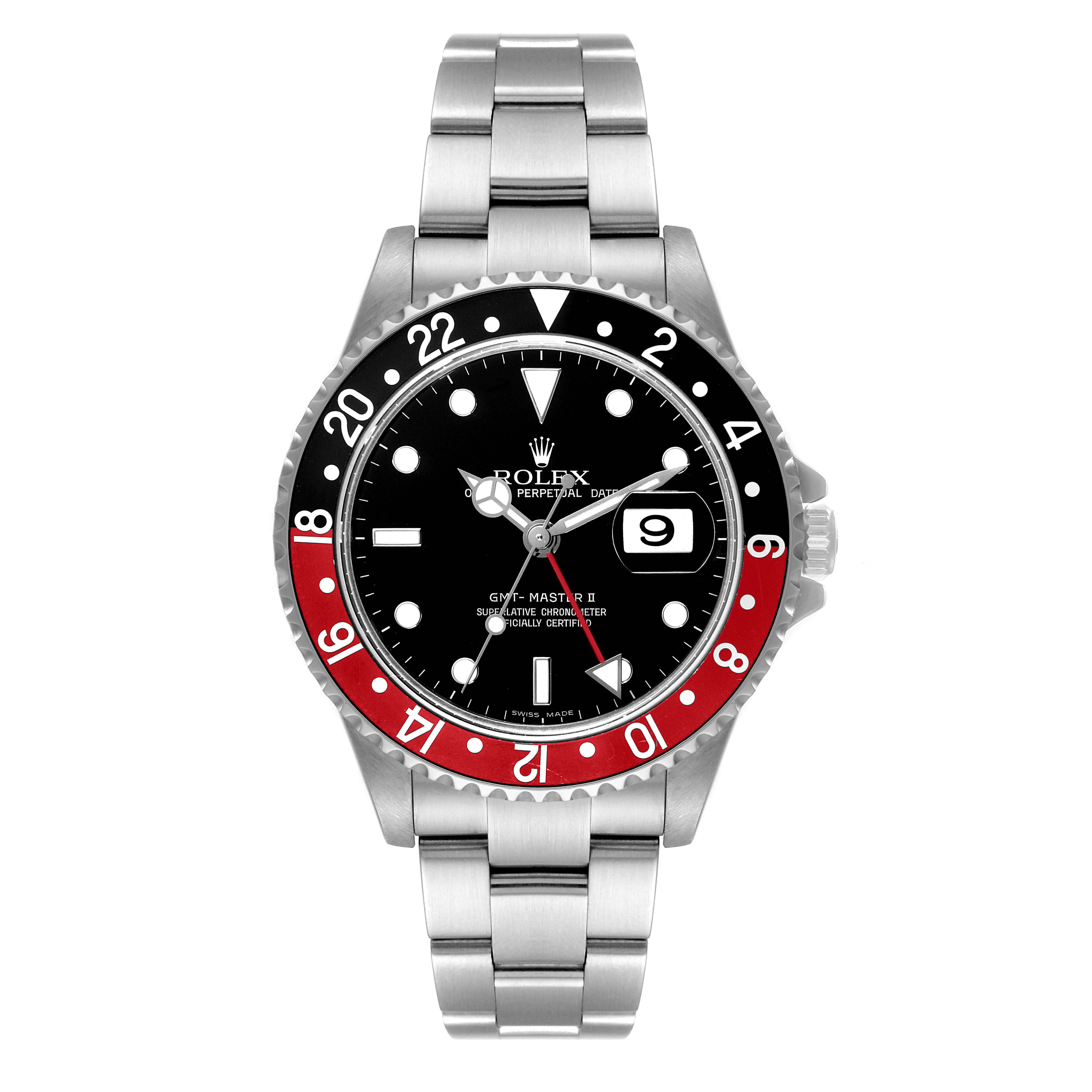 The image shows a front view of a Rolex GMT-Master 16710 Men
s Stainless Steel Black Dial 16710 Men
s Stainless Steel Black Dial II watch with a red and black bezel, a black dial, and a stainless steel bracelet.