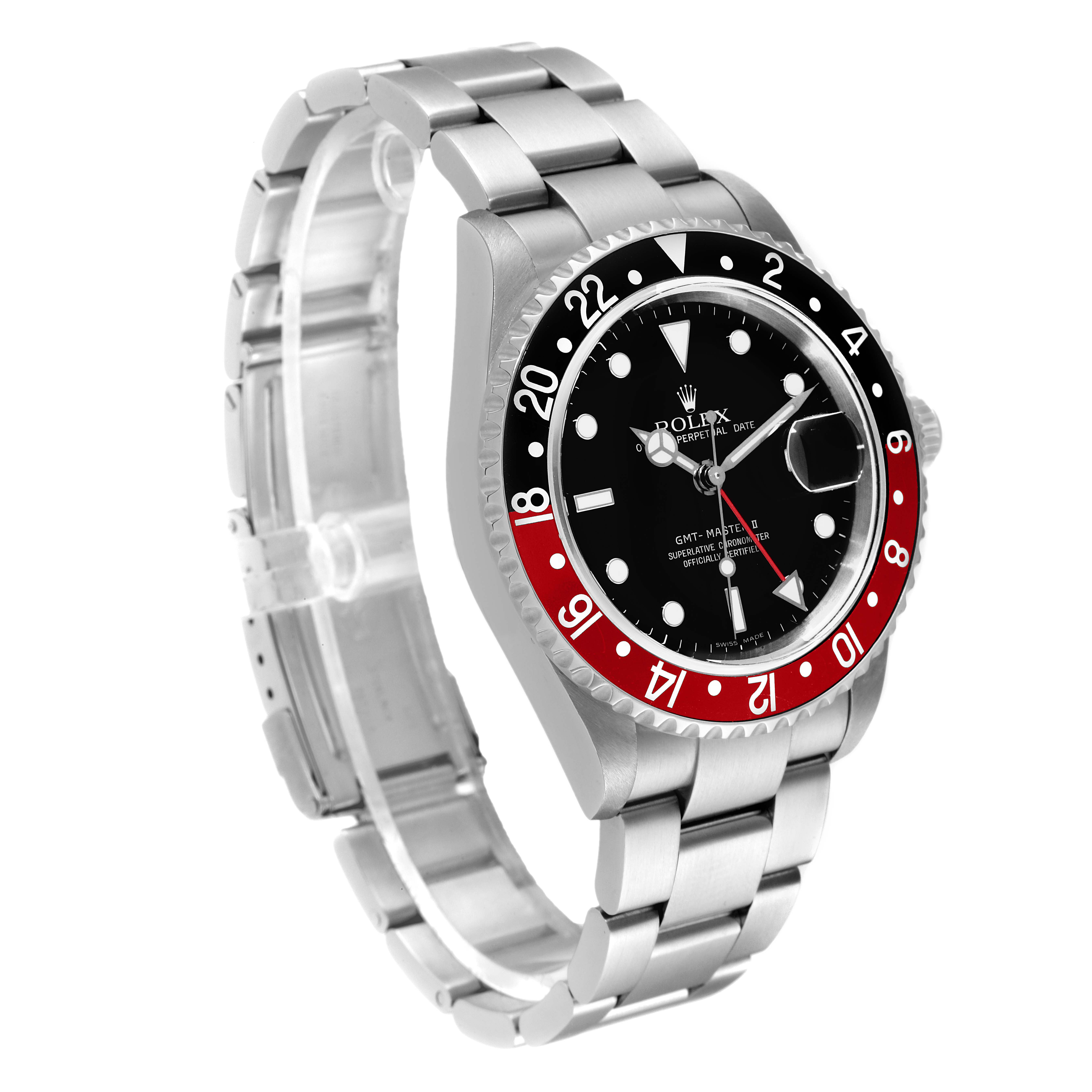 This image shows a Rolex GMT-Master 16710 Men
s Stainless Steel Black Dial 16710 Men
s Stainless Steel Black Dial watch at a 3/4 angle, displaying the face, bezel, bracelet, and clasp.