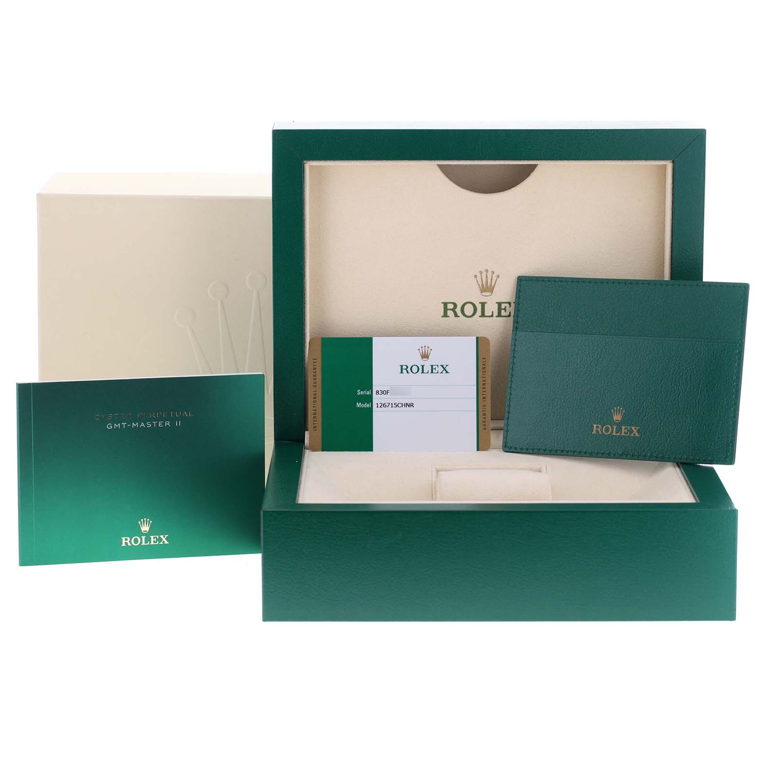The image shows the packaging and accessories for a Rolex GMT-Master 126715 Men's Rose Gold Black Dial 126715 Men's Rose Gold Black Dial watch, including the box, warranty card, cardholder, and manual.
