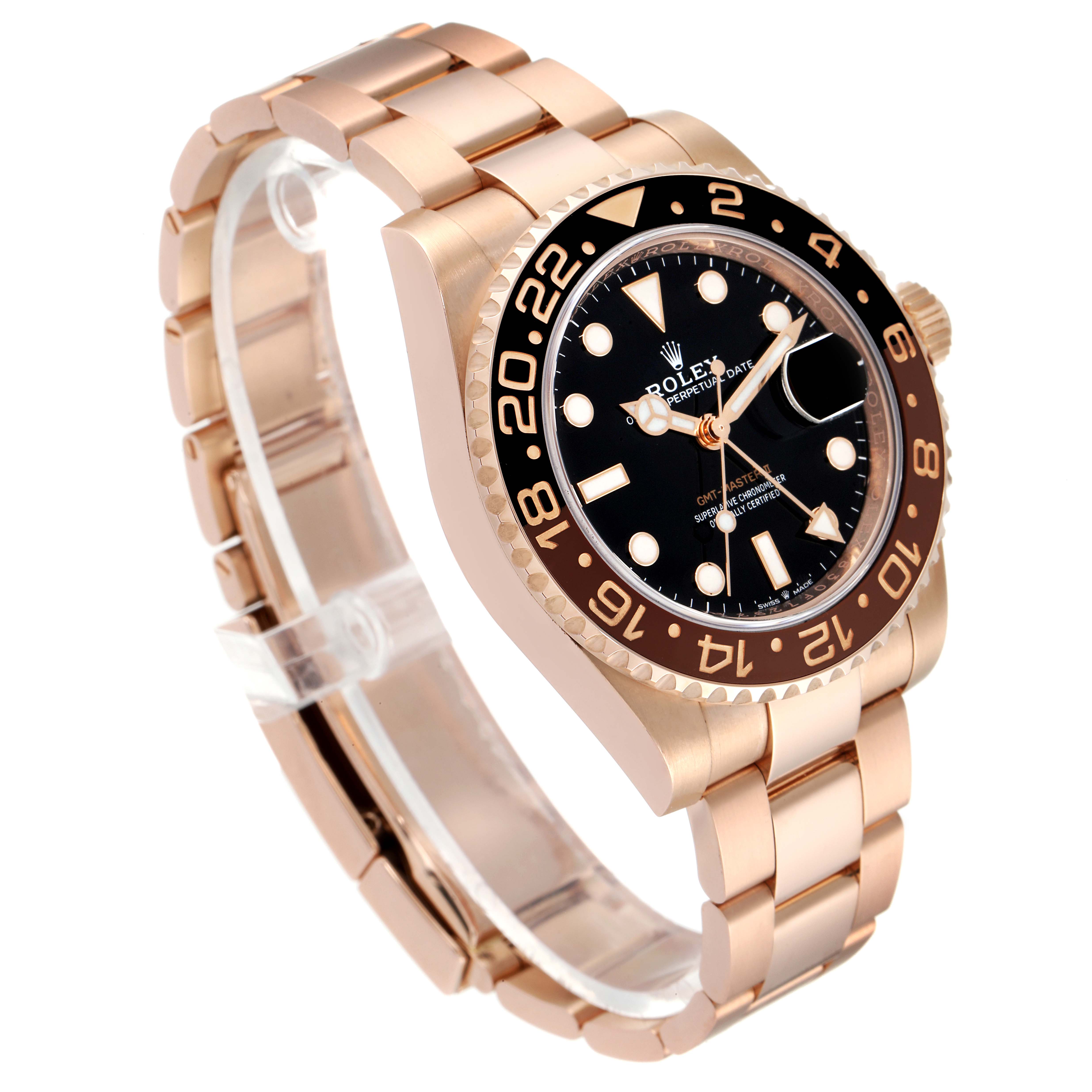 The image shows a three-quarter angled view of a Rolex GMT-Master 126715 Men's Rose Gold Black Dial 126715 Men's Rose Gold Black Dial watch, highlighting the bezel, dial, case, and bracelet.