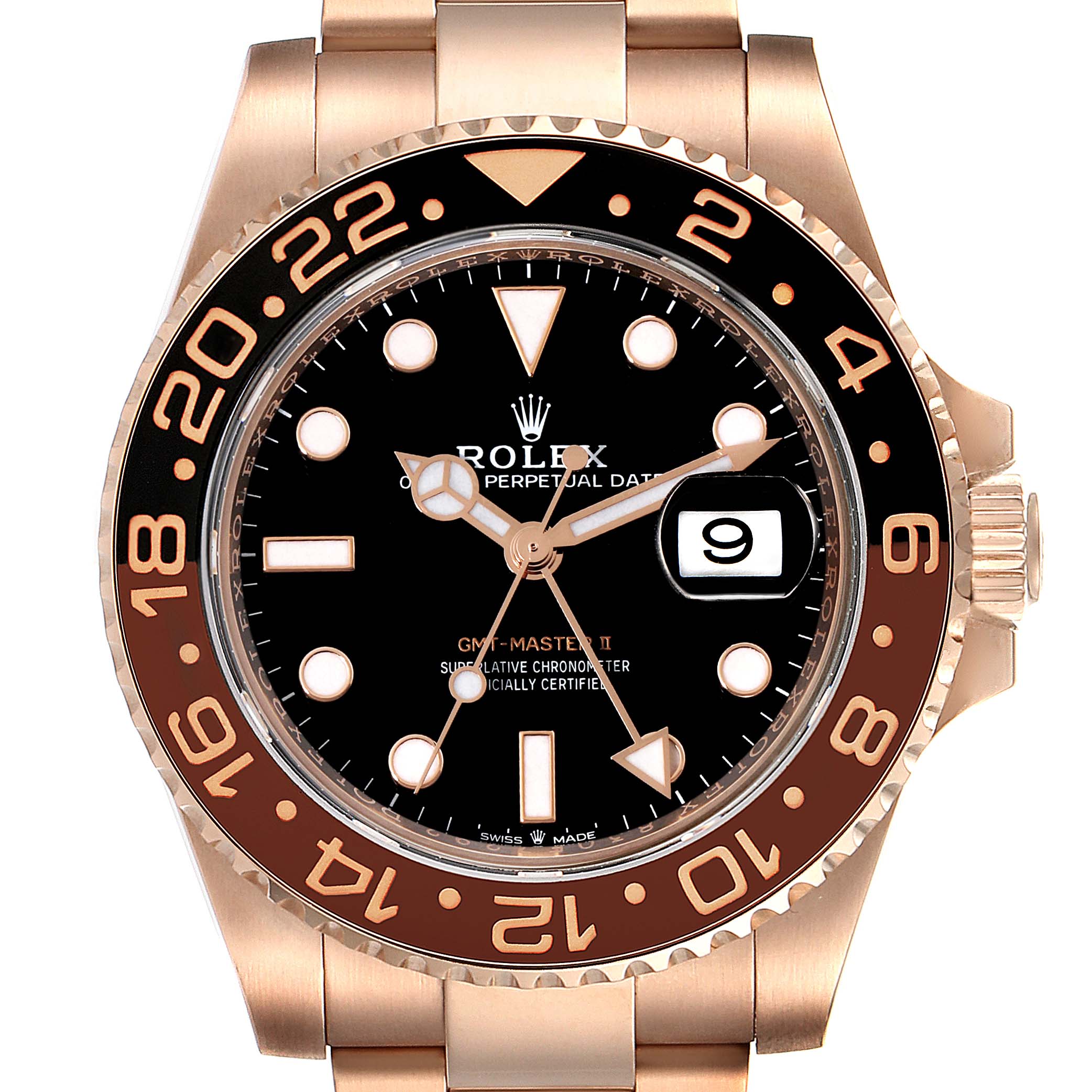 The image shows a Rolex GMT-Master 126715 Men's Rose Gold Black Dial 126715 Men's Rose Gold Black Dial II watch from a front-angle, highlighting the dial, bezel, and bracelet.