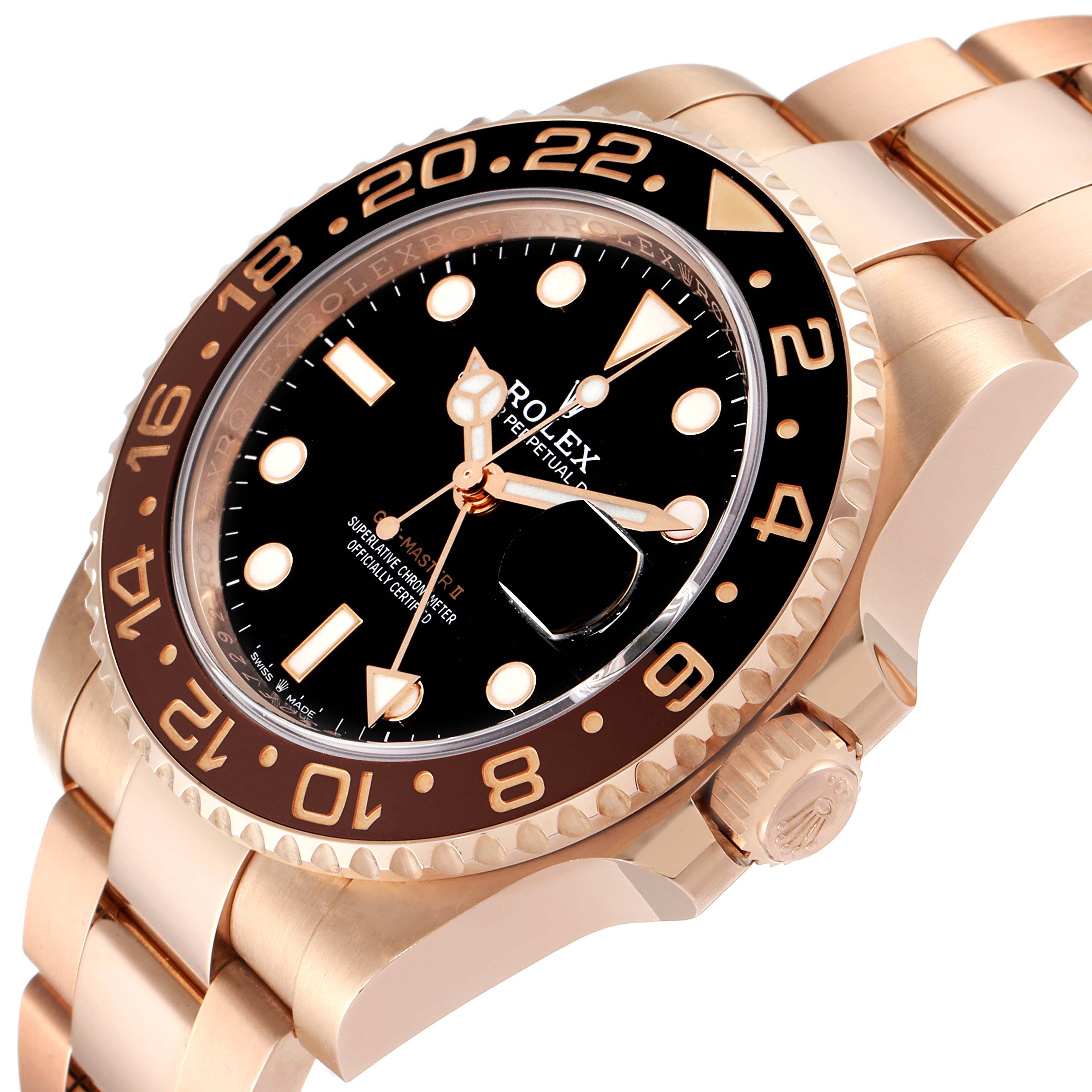The image shows a close-up view of the Rolex GMT-Master 126715 Men's Rose Gold Black Dial 126715 Men's Rose Gold Black Dial watch, highlighting the dial, bezel, crown, and part of the bracelet.