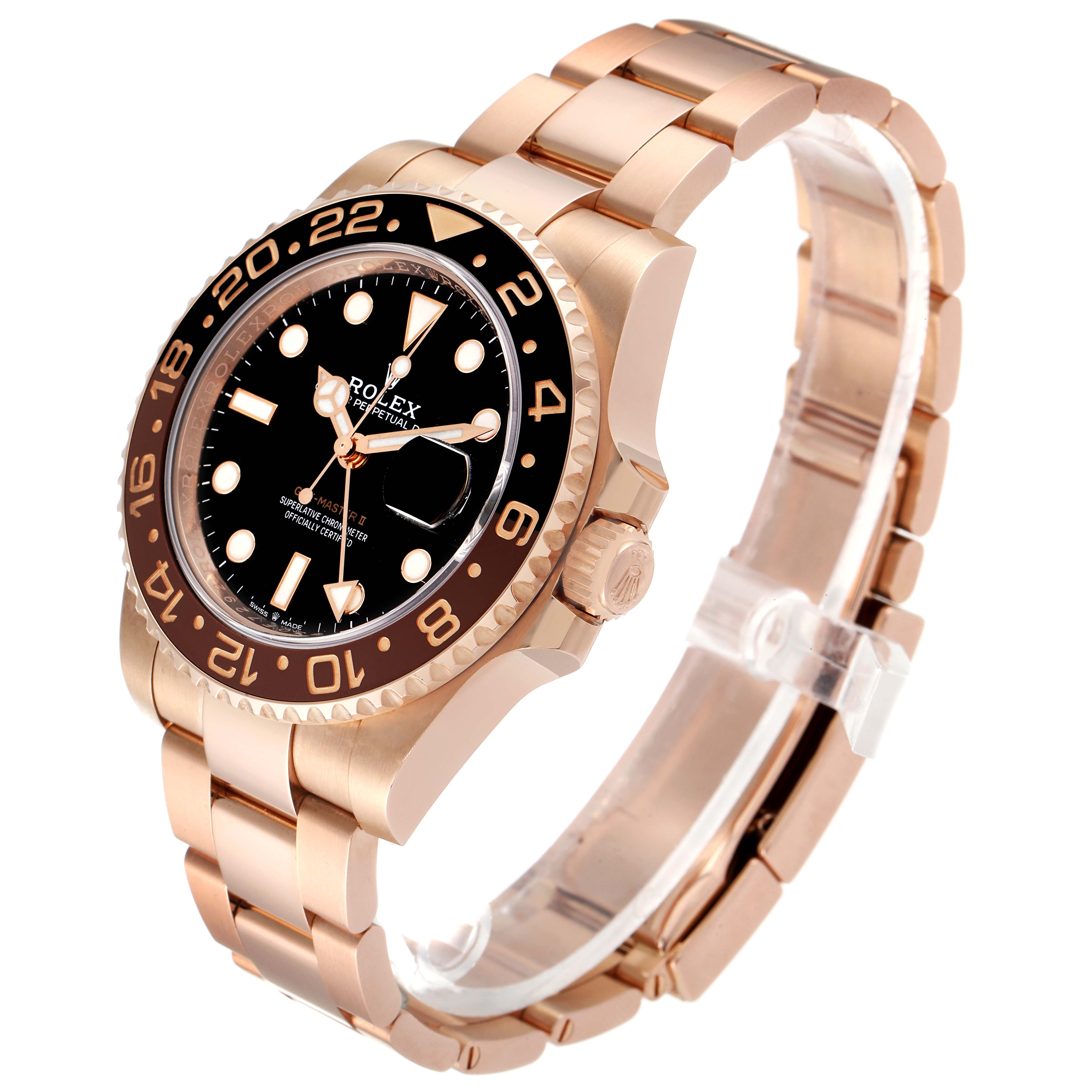 This image shows a Rolex GMT-Master 126715 Men's Rose Gold Black Dial 126715 Men's Rose Gold Black Dial watch from an angled side view, highlighting its bezel, dial, and bracelet.