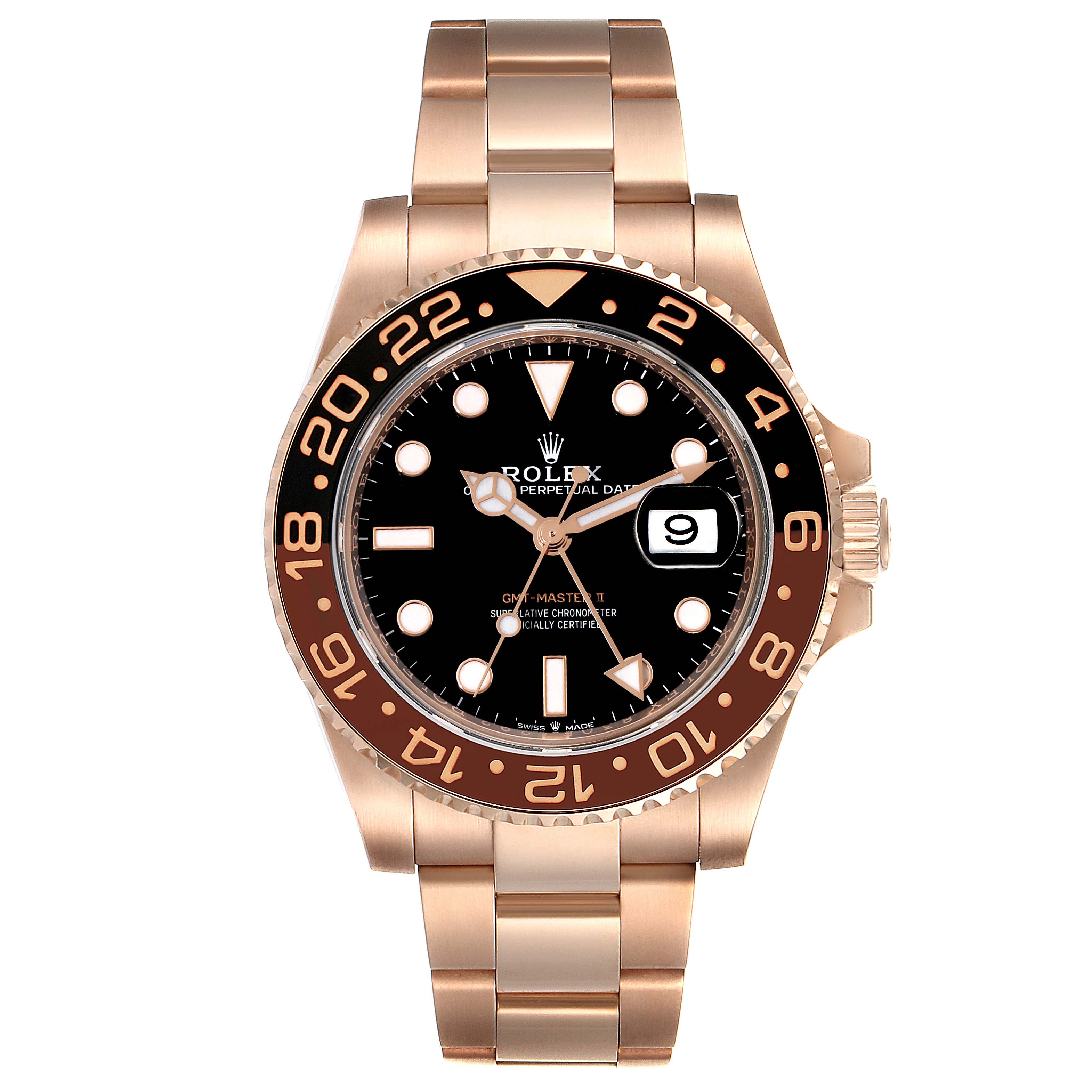The image shows a front view of a Rolex GMT-Master 126715 Men's Rose Gold Black Dial 126715 Men's Rose Gold Black Dial II watch, featuring a black dial and black-brown bezel.