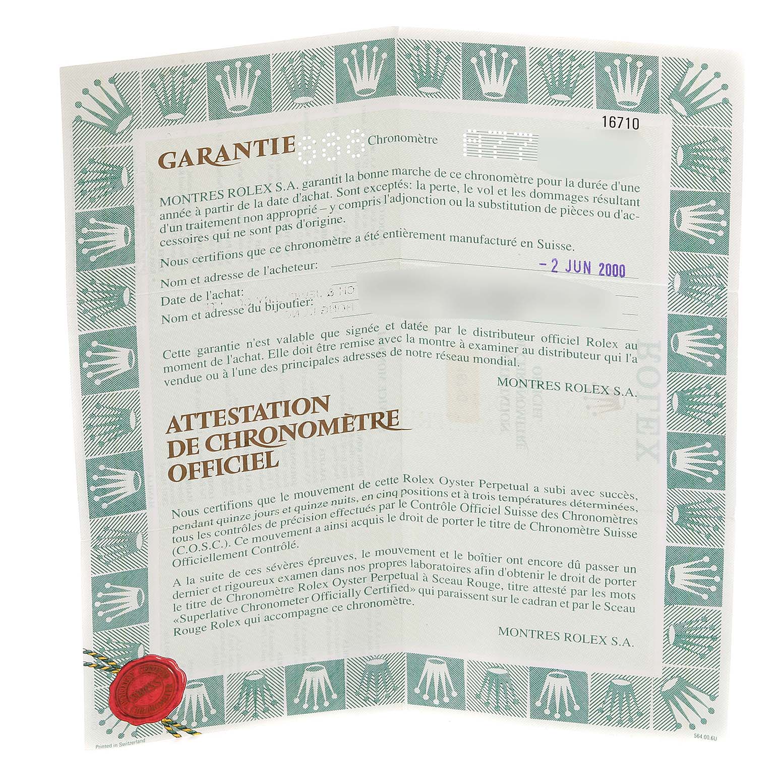 The image shows the official warranty and chronometer certificate for a Rolex GMT-Master 16710 Men's Stainless Steel Black Dial 16710 Men's Stainless Steel Black Dial model dated June 2, 2000.