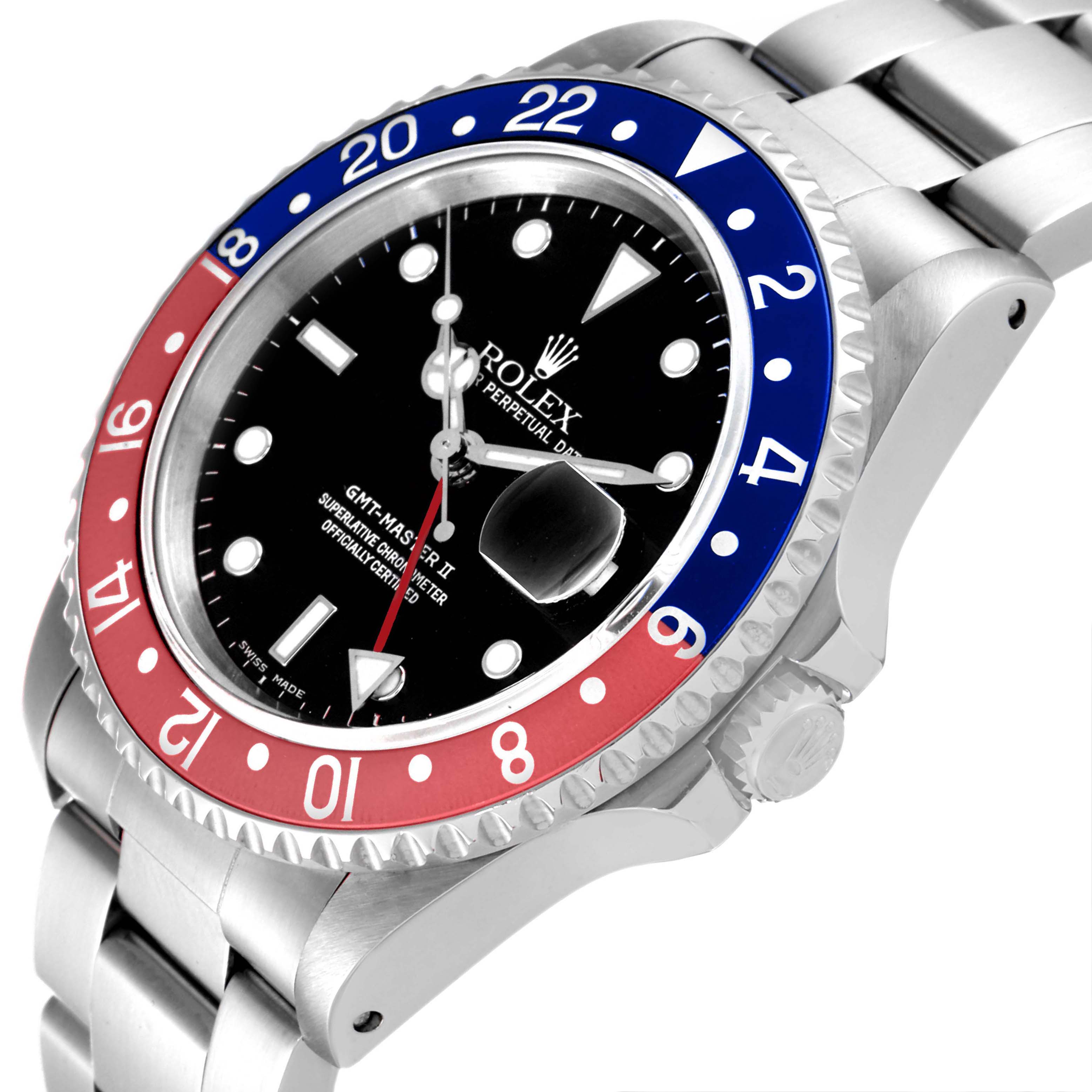 The image shows a close-up angled view of the Rolex GMT-Master 16710 Men's Stainless Steel Black Dial 16710 Men's Stainless Steel Black Dial II watch face and bracelet.