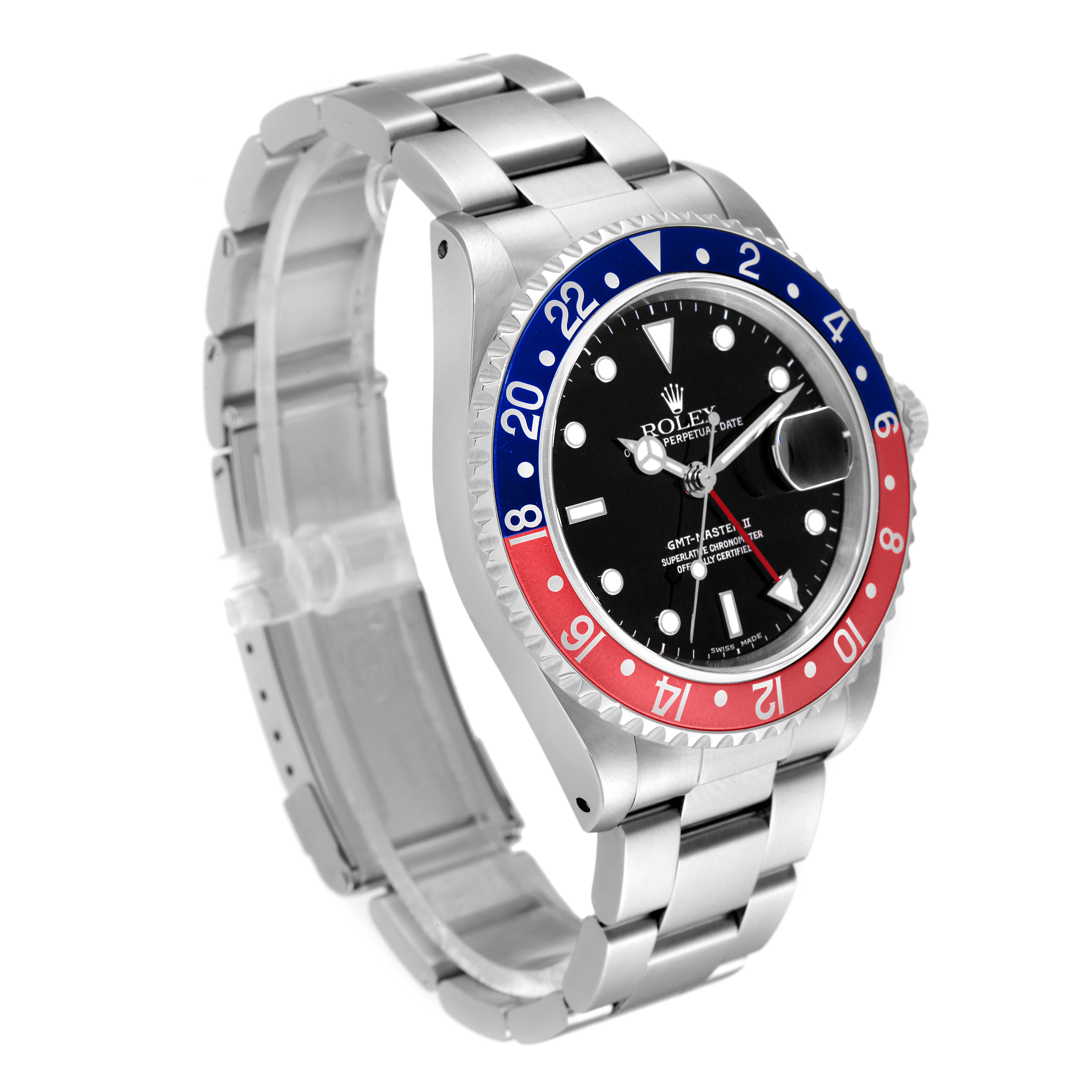 The Rolex GMT-Master 16710 Men's Stainless Steel Black Dial 16710 Men's Stainless Steel Black Dial watch is shown at a slight angle, displaying its dial, bezel, and stainless steel bracelet.