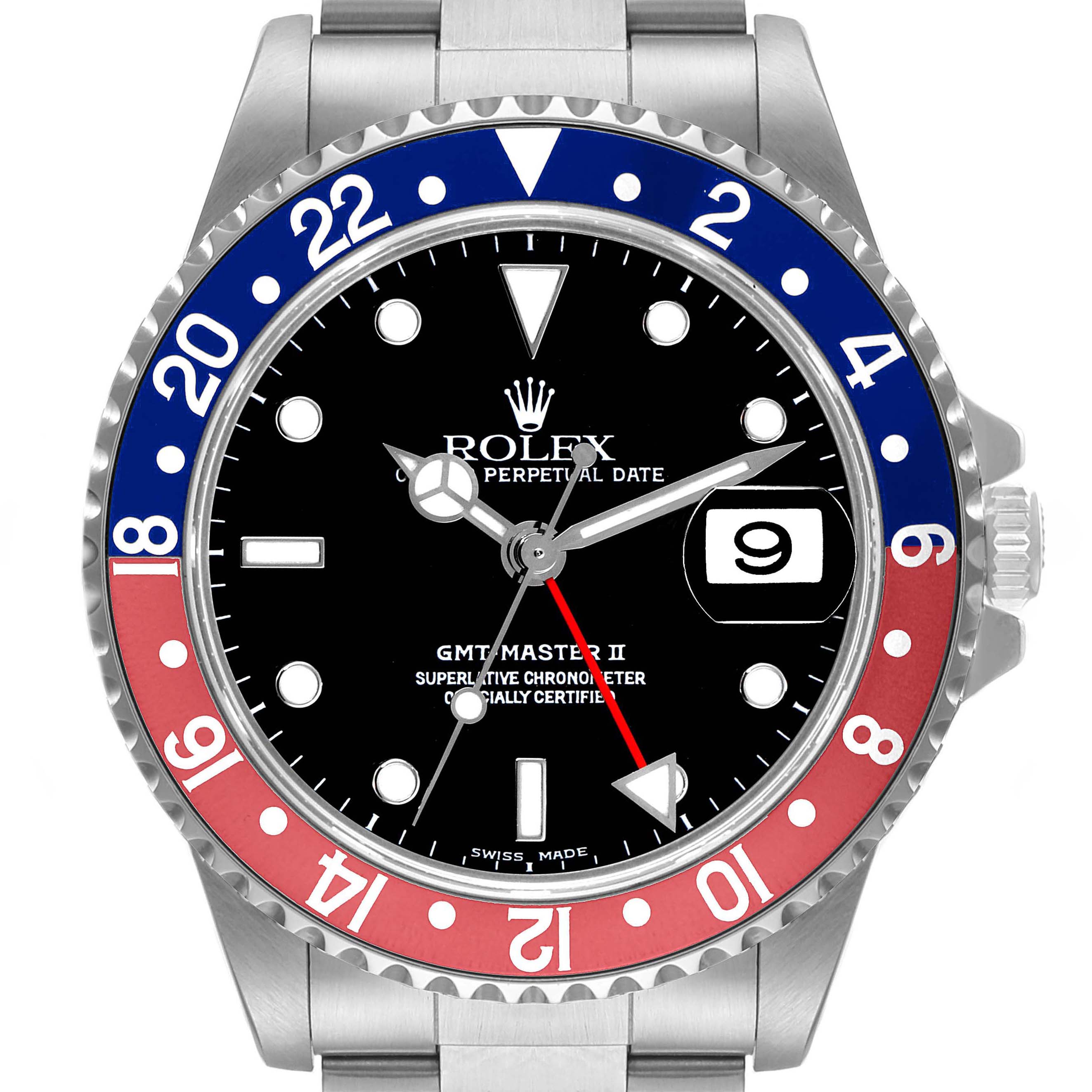 This image shows a Rolex GMT-Master 16710 Men's Stainless Steel Black Dial 16710 Men's Stainless Steel Black Dial II watch from a front angle, highlighting the dial, bezel, and part of the bracelet.
