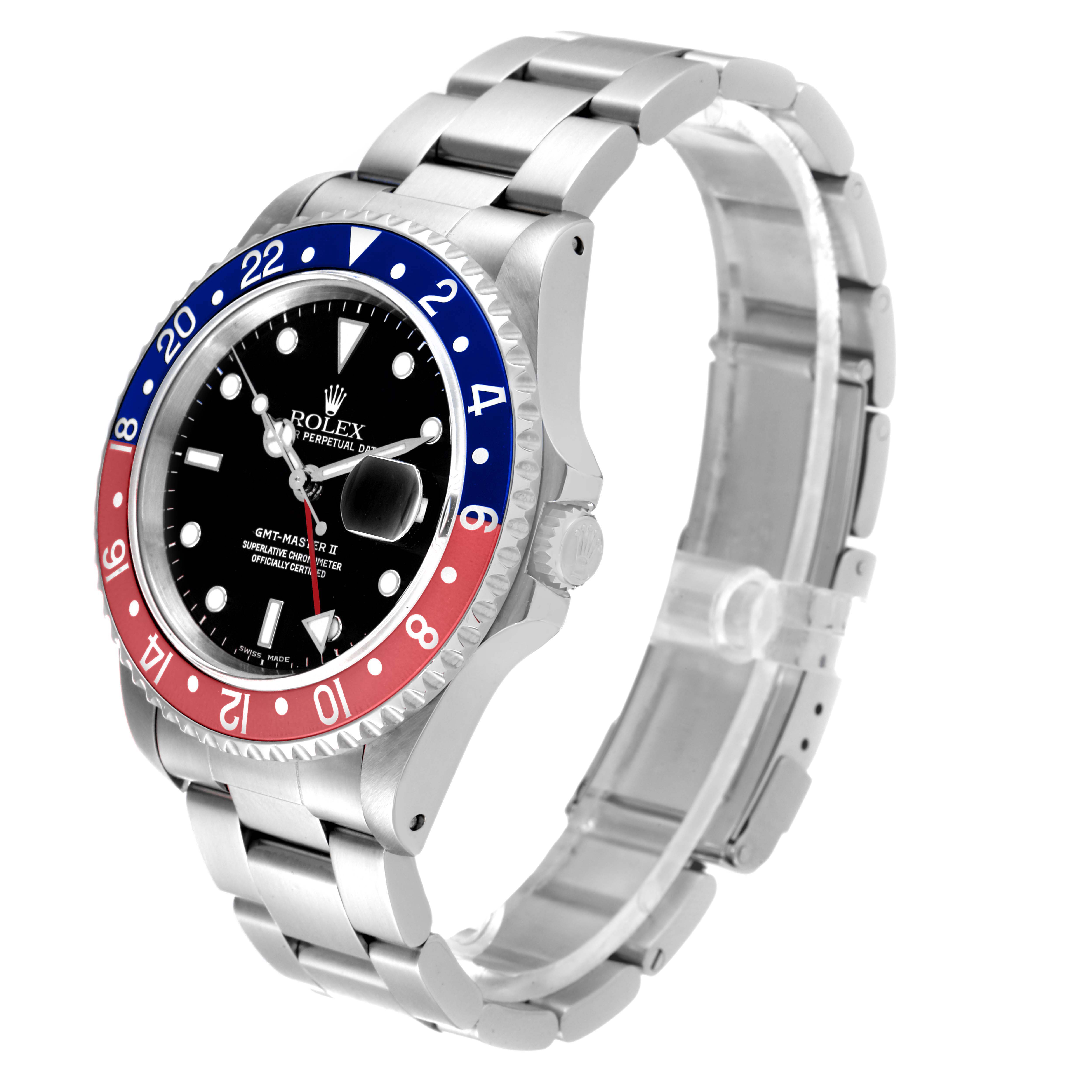 This image shows a side and front view of a Rolex GMT-Master 16710 Men's Stainless Steel Black Dial 16710 Men's Stainless Steel Black Dial wristwatch, highlighting its bezel, dial, and bracelet.