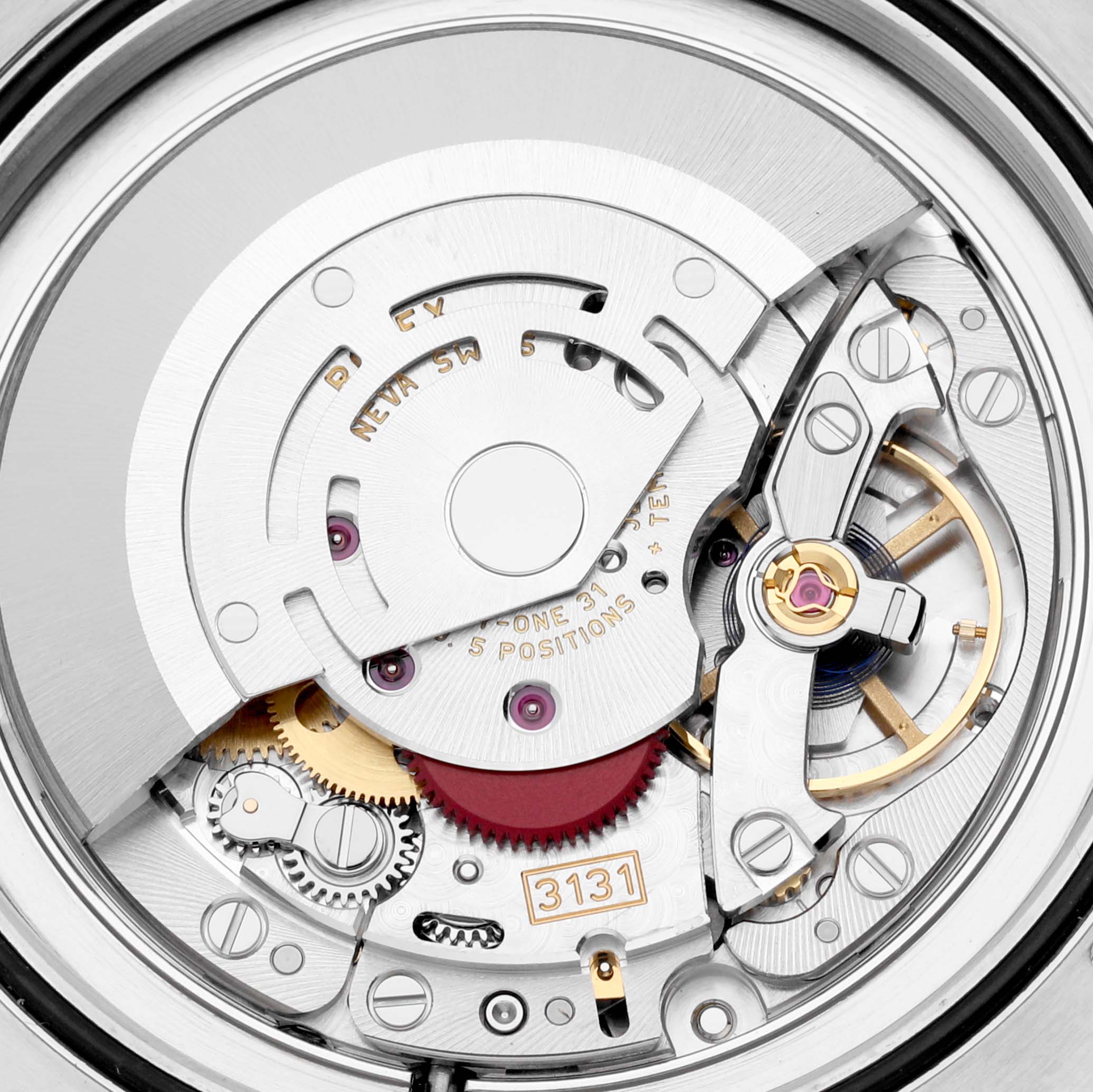 This is a close-up view of the movement mechanism inside a Rolex Milgauss 116400GV Men's Stainless Steel Blue Dial 116400GV Men's Stainless Steel Blue Dial watch, showcasing the gears and intricate components.