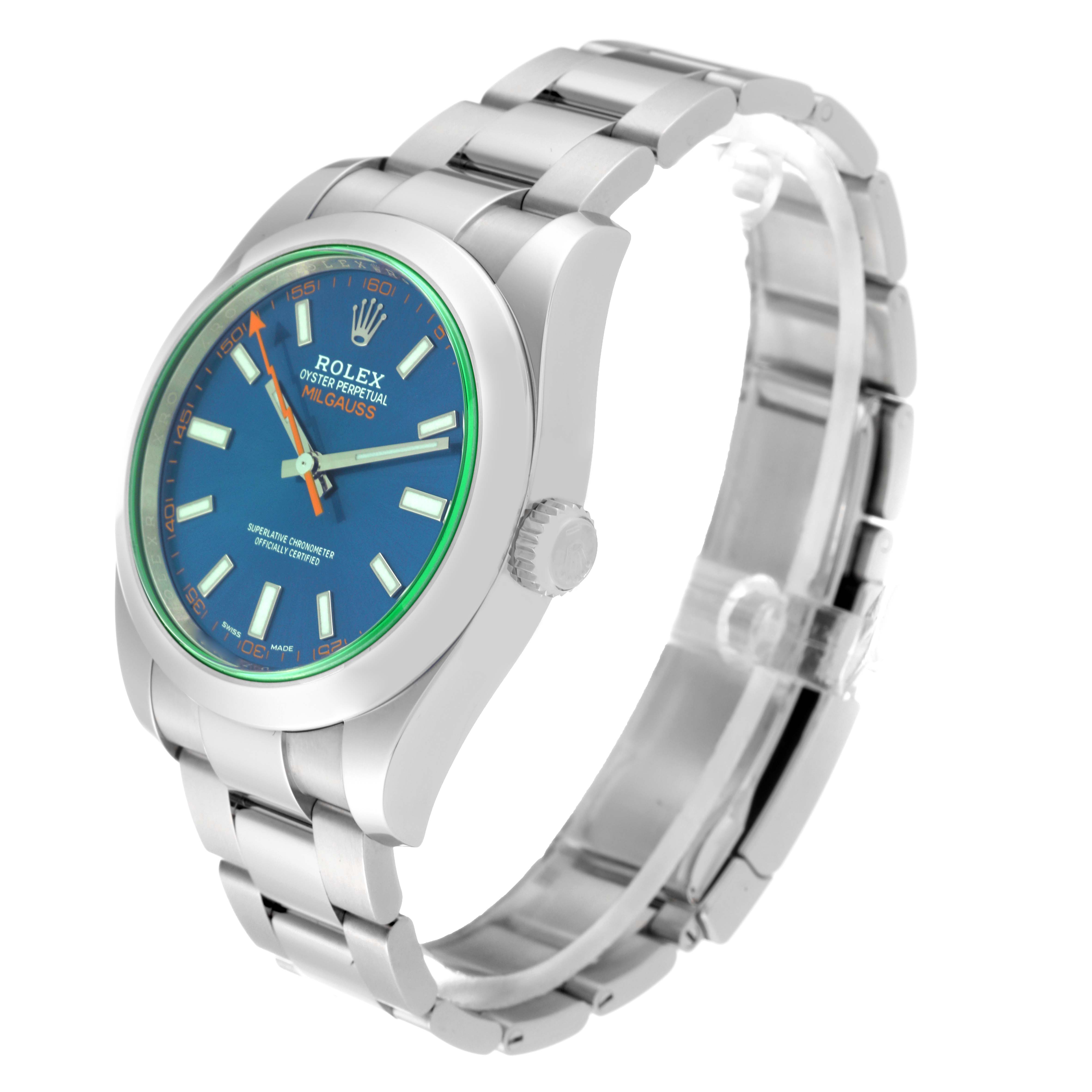 This image shows a side angle of a Rolex Milgauss 116400GV Men's Stainless Steel Blue Dial 116400GV Men's Stainless Steel Blue Dial watch, showcasing its face, bezel, crown, and part of the bracelet.