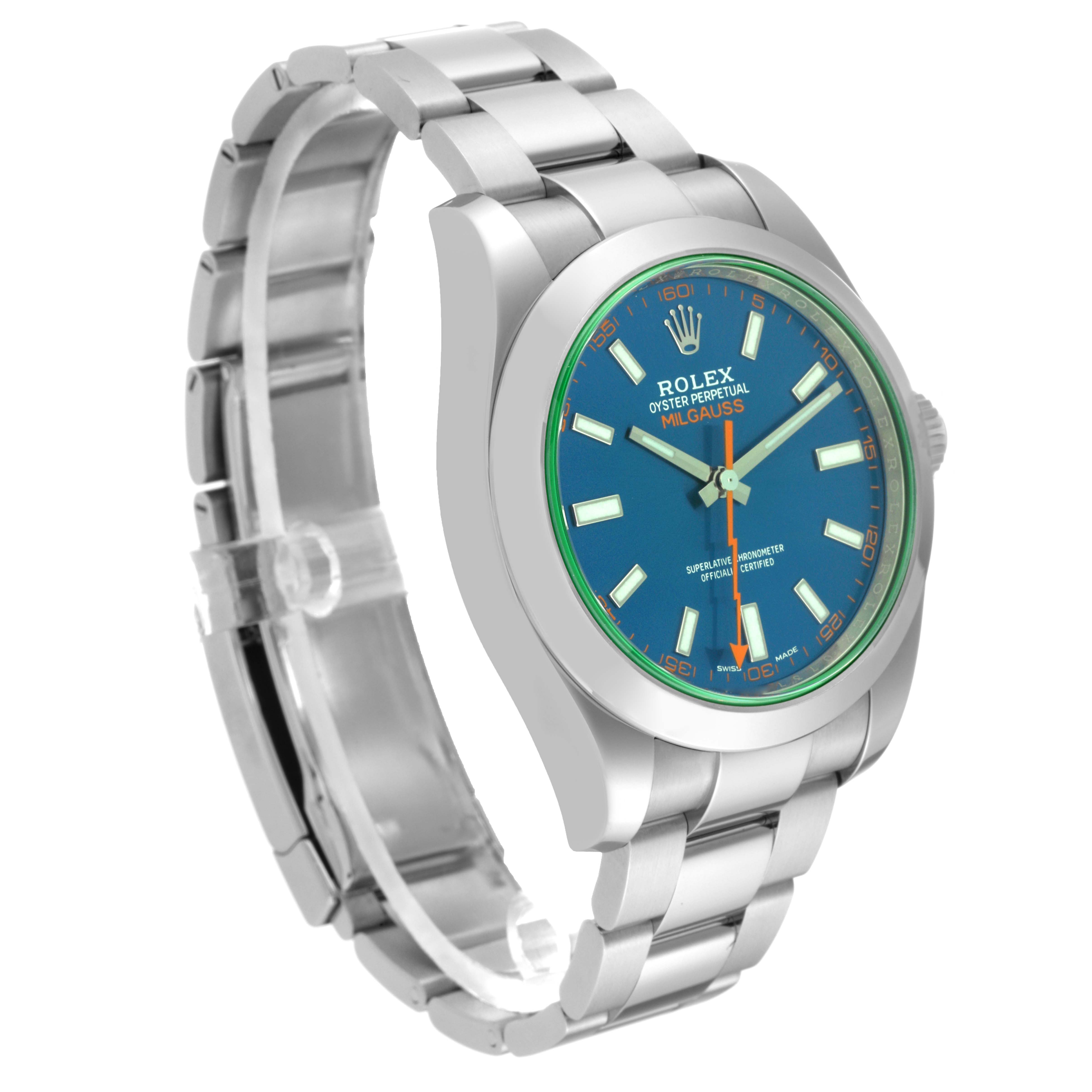 The image shows a Rolex Milgauss 116400GV Men's Stainless Steel Blue Dial 116400GV Men's Stainless Steel Blue Dial watch at a three-quarter angle, highlighting the bracelet, case, and blue dial.