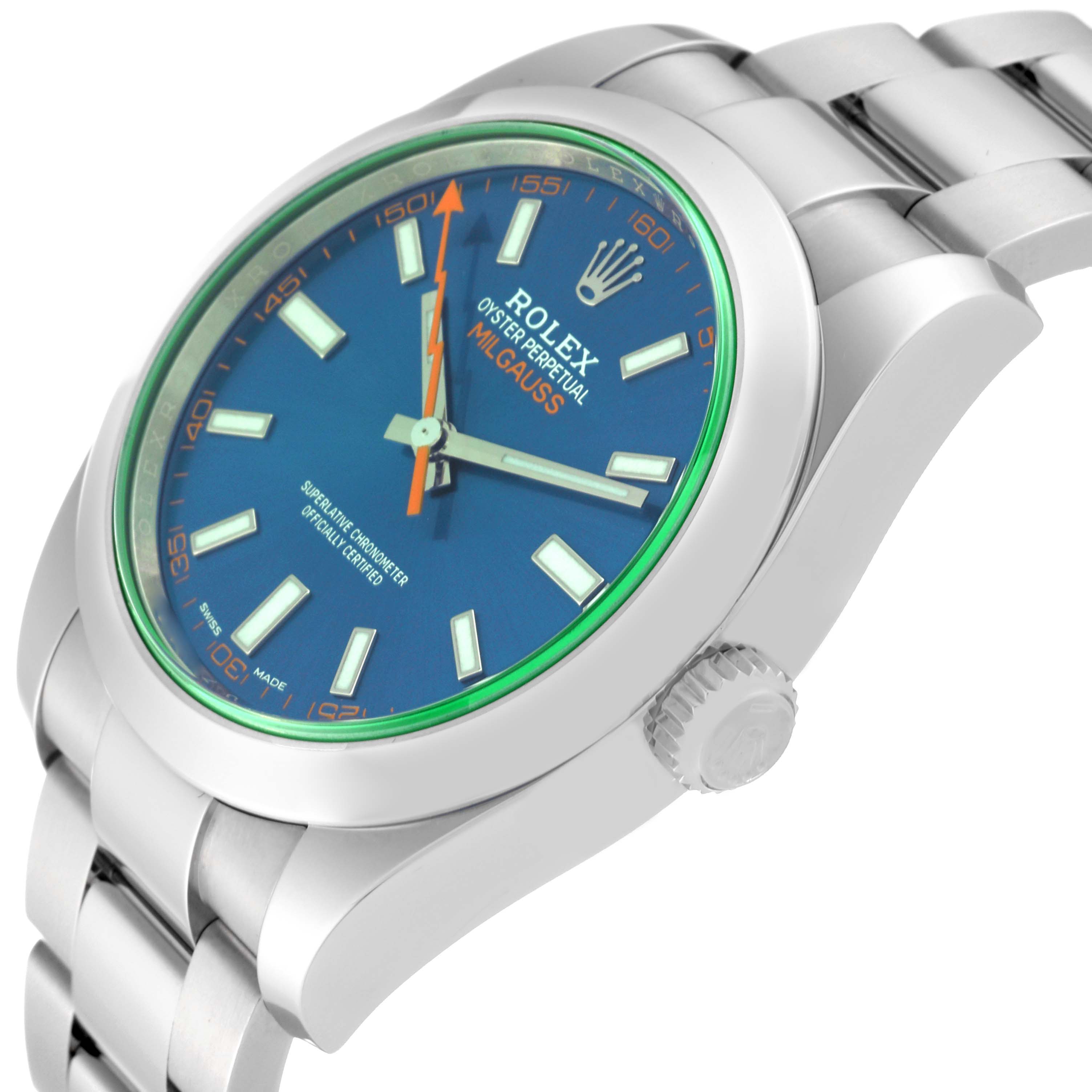 The image shows a side angle of the Rolex Milgauss 116400GV Men's Stainless Steel Blue Dial 116400GV Men's Stainless Steel Blue Dial watch, highlighting the dial, crown, and part of the bracelet.