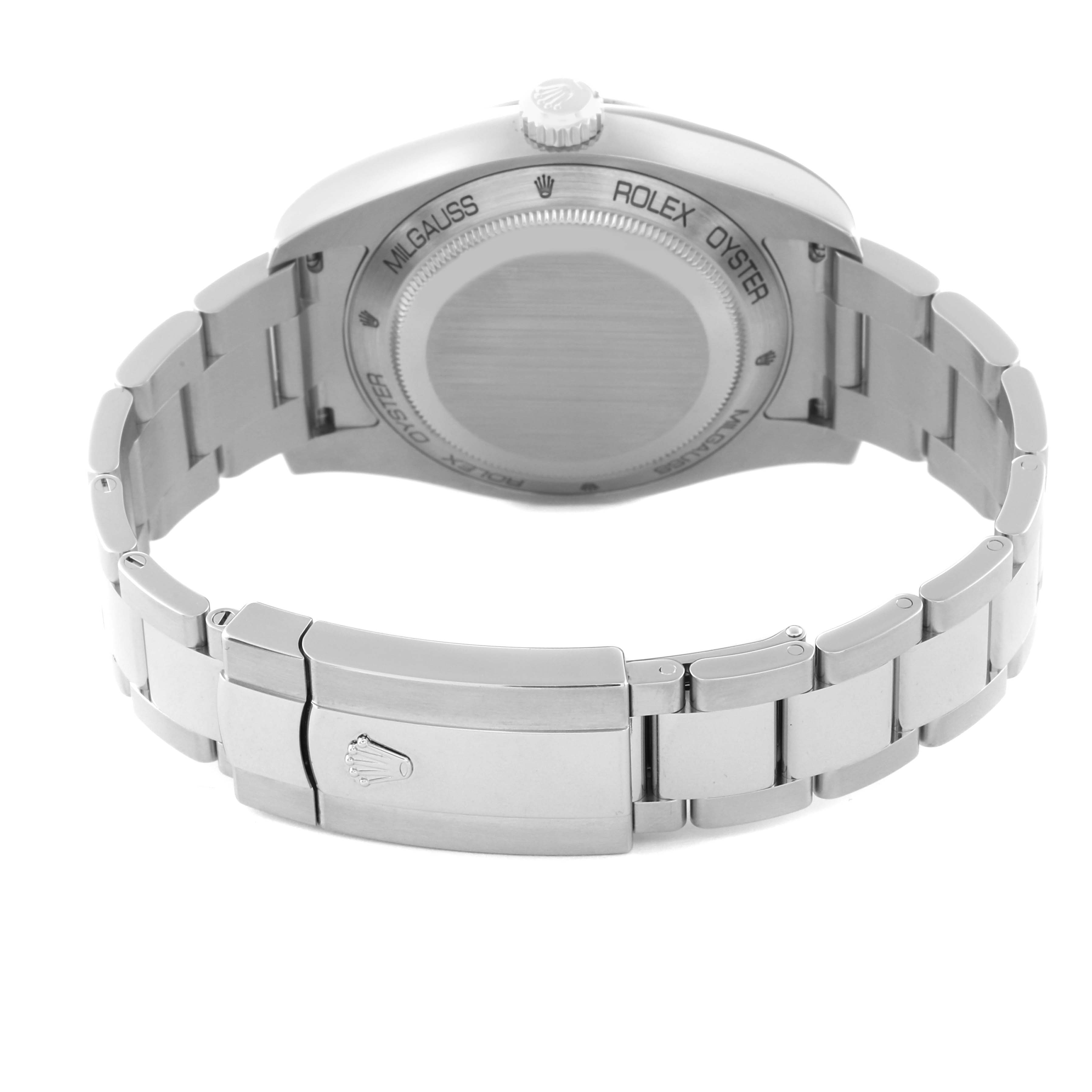 The image shows the back case and bracelet of a Rolex Milgauss 116400GV Men's Stainless Steel Blue Dial 116400GV Men's Stainless Steel Blue Dial watch from a rear angle.