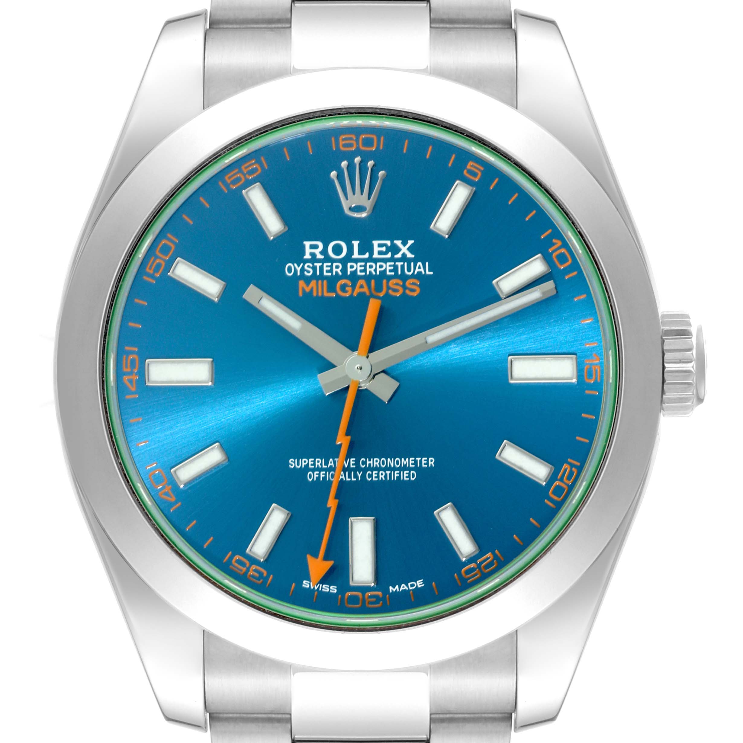This Rolex Milgauss 116400GV Men's Stainless Steel Blue Dial 116400GV Men's Stainless Steel Blue Dial watch is shown from a front angle, displaying the blue dial, orange lightning bolt second hand, and bracelet.