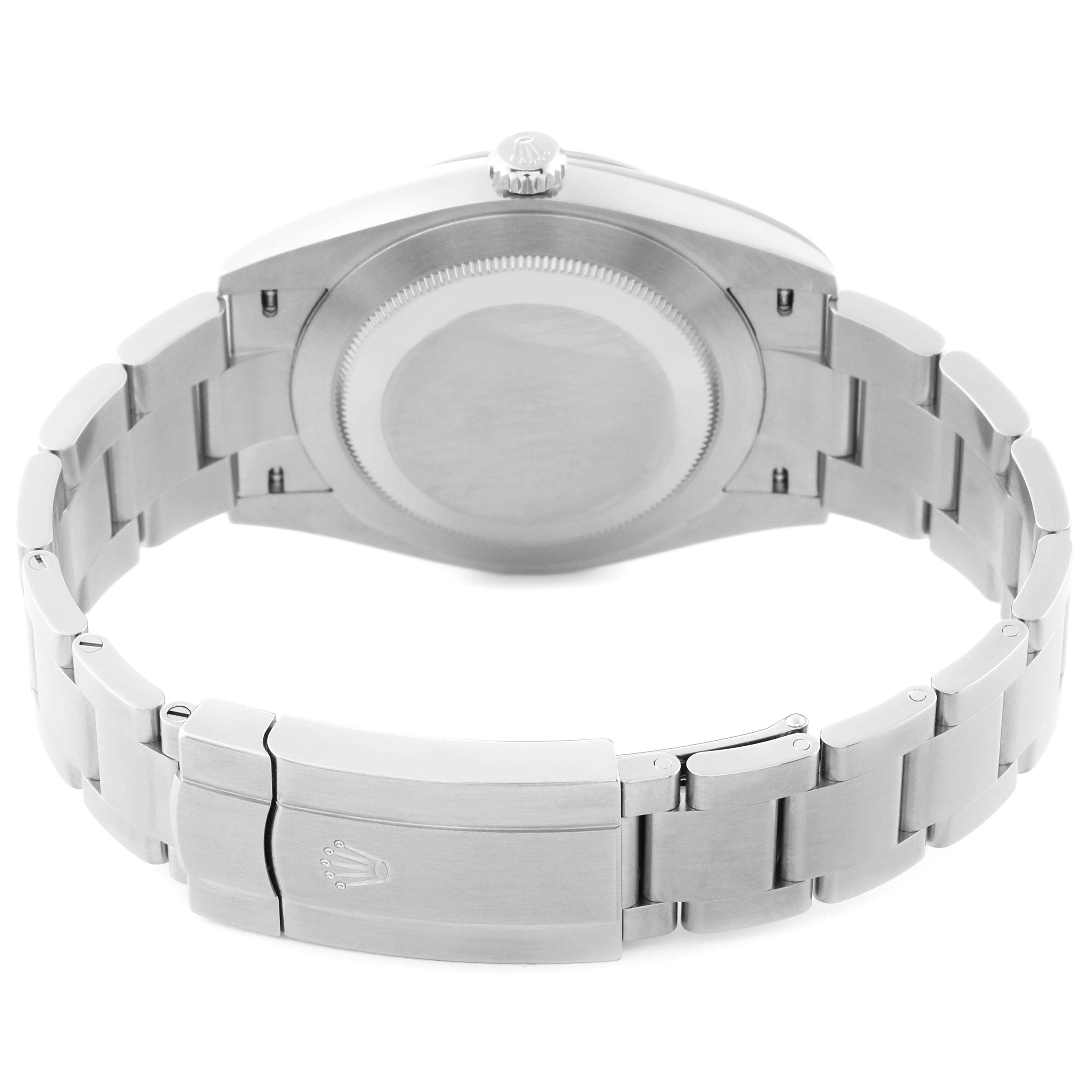 The image shows the back view of a Rolex Oyster Perpetual 124300 Men
s Stainless Steel Black Dial 124300 Men
s Stainless Steel Black Dial watch, highlighting the case back and bracelet with the clasp.