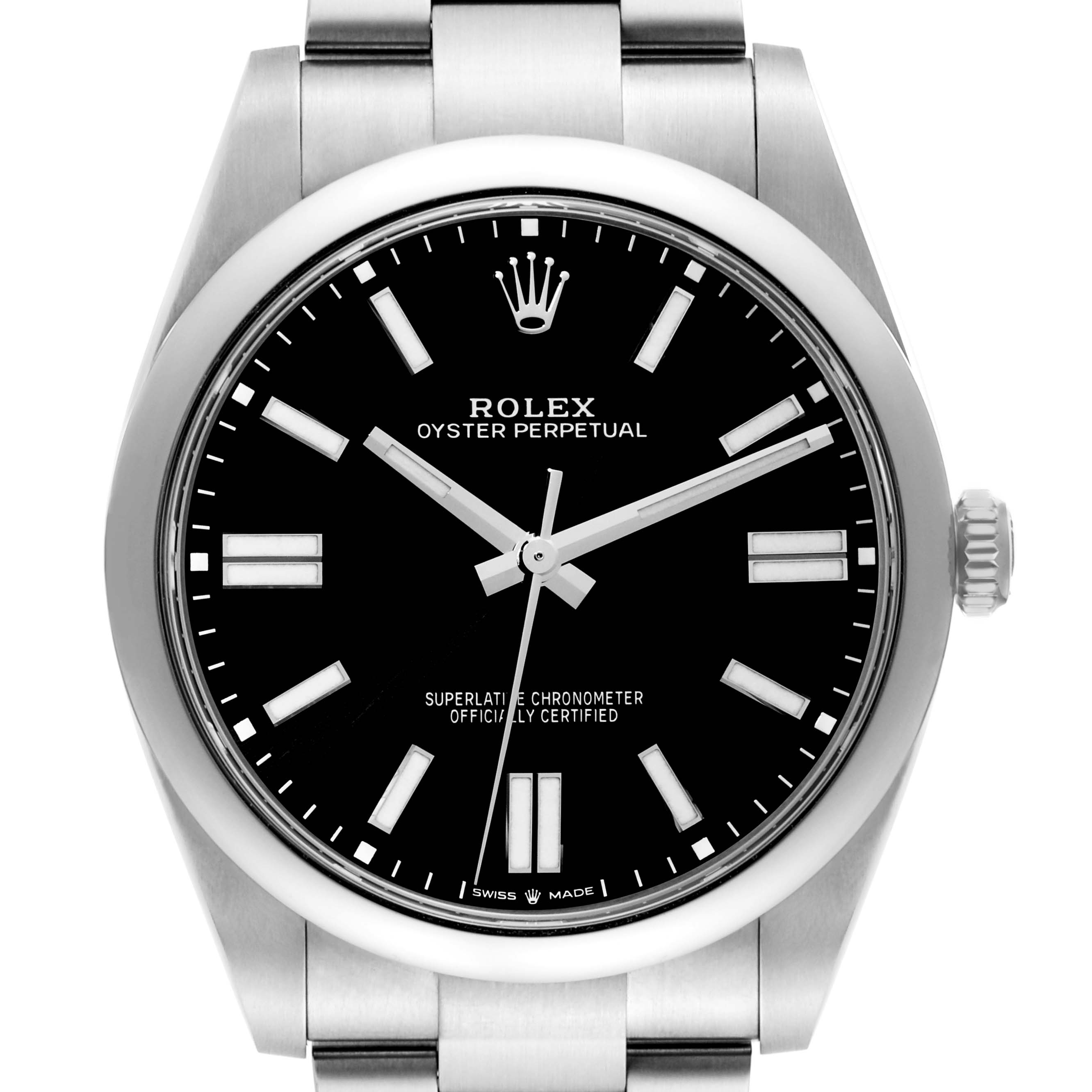 This image shows a front view of a Rolex Oyster Perpetual 124300 Men
s Stainless Steel Black Dial 124300 Men
s Stainless Steel Black Dial watch featuring its dial, hands, and part of the bracelet.