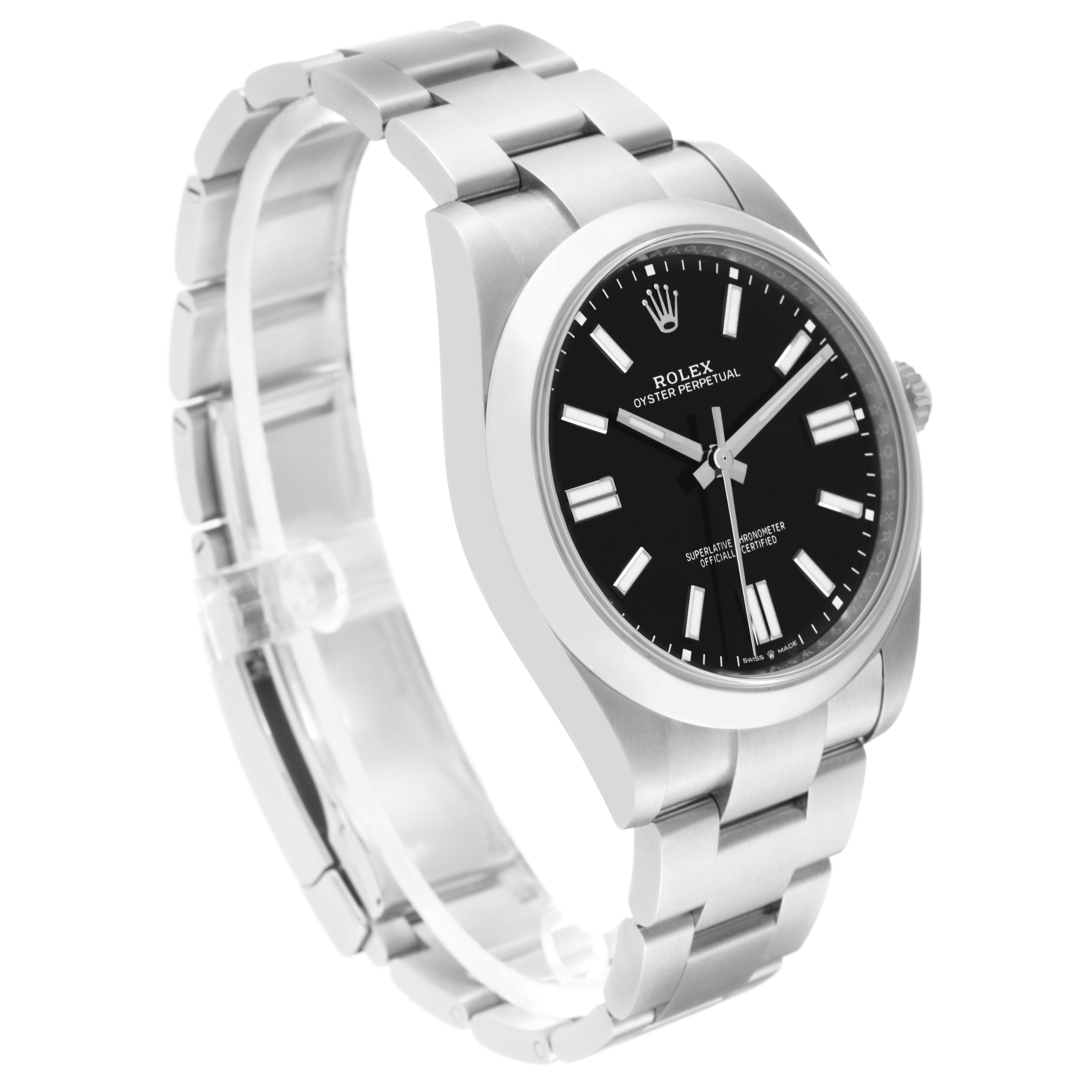 The image shows a side-front angle of the Rolex Oyster Perpetual 124300 Men
s Stainless Steel Black Dial 124300 Men
s Stainless Steel Black Dial watch featuring its stainless steel band and black dial.