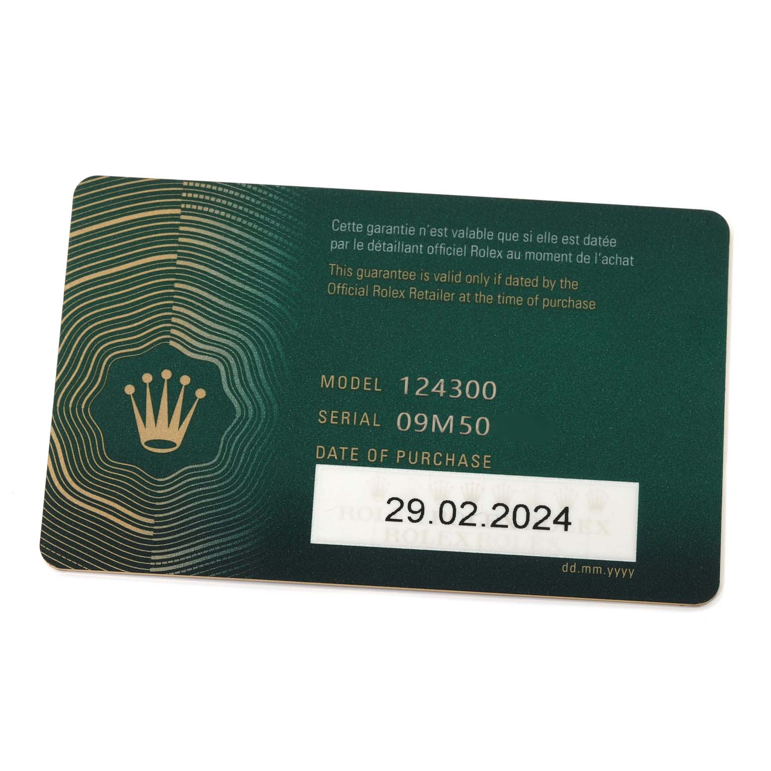 This image shows a Rolex Oyster Perpetual 124300 Men
s Stainless Steel Black Dial 124300 Men
s Stainless Steel Black Dial model 124300 warranty card with the date of purchase noted as 29.02.2024.